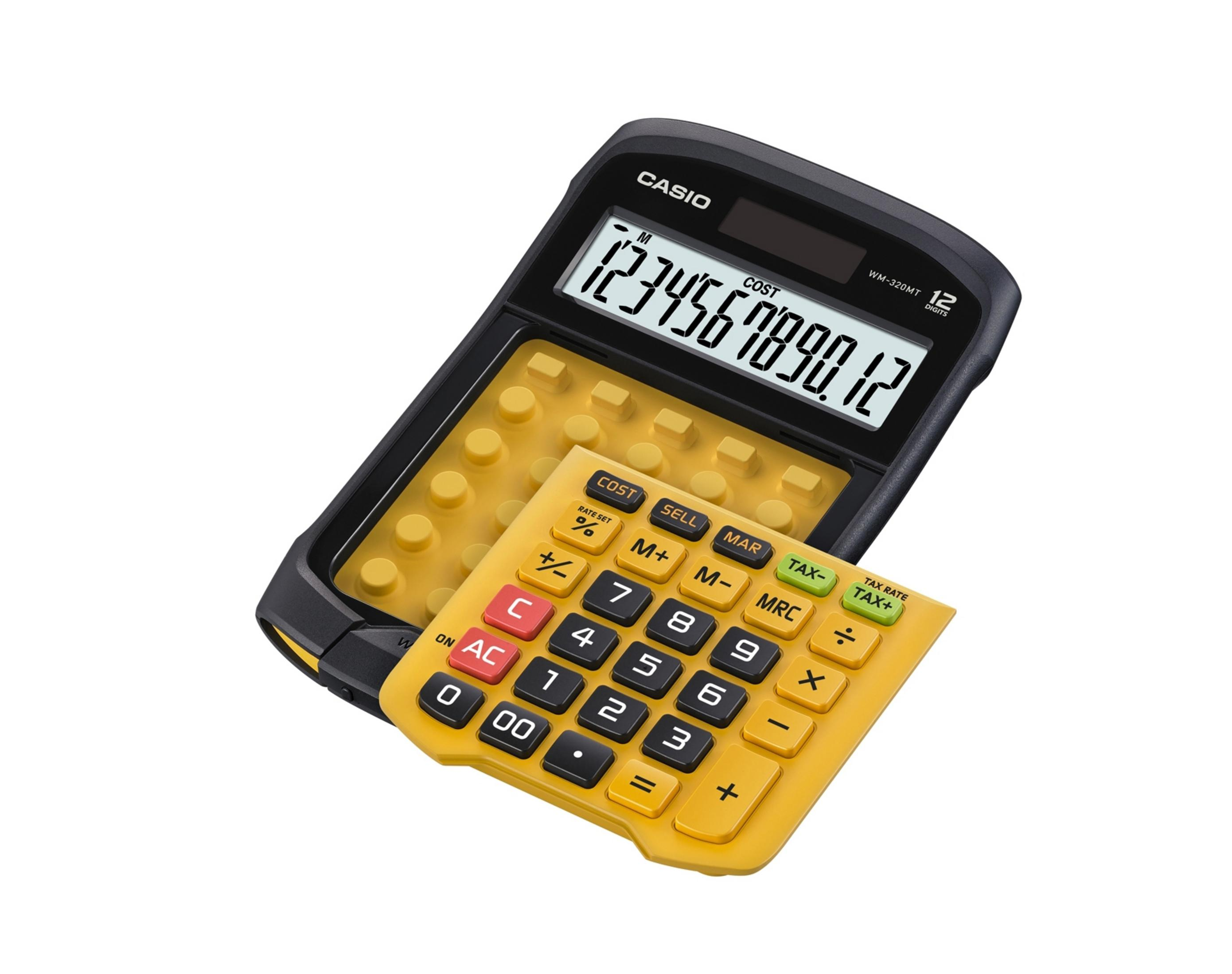 Dwa kalkulatory Casio: czarny i żółty, nakładające się.