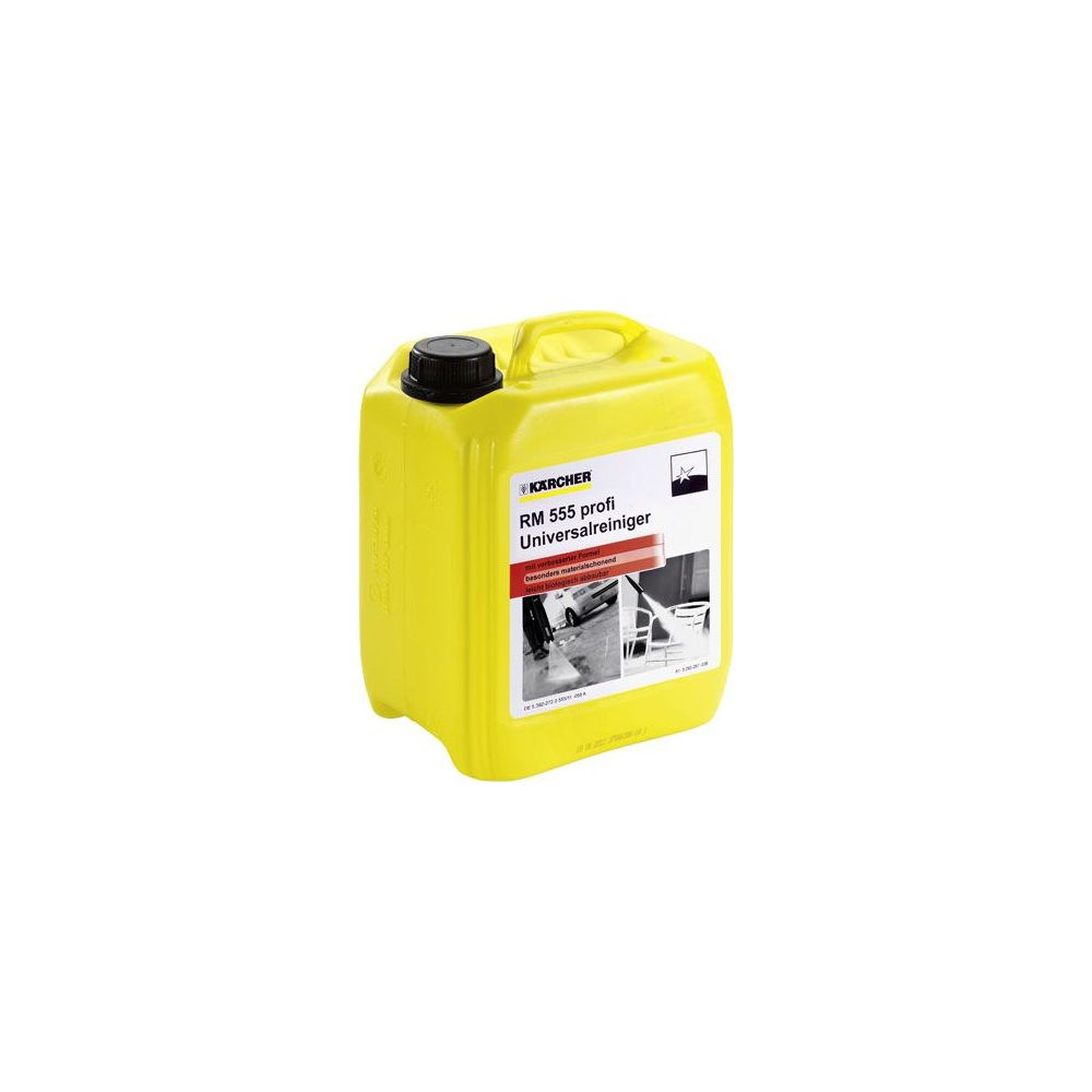Giallo bidone detergente universale Karcher con tappo ed etichetta neri.