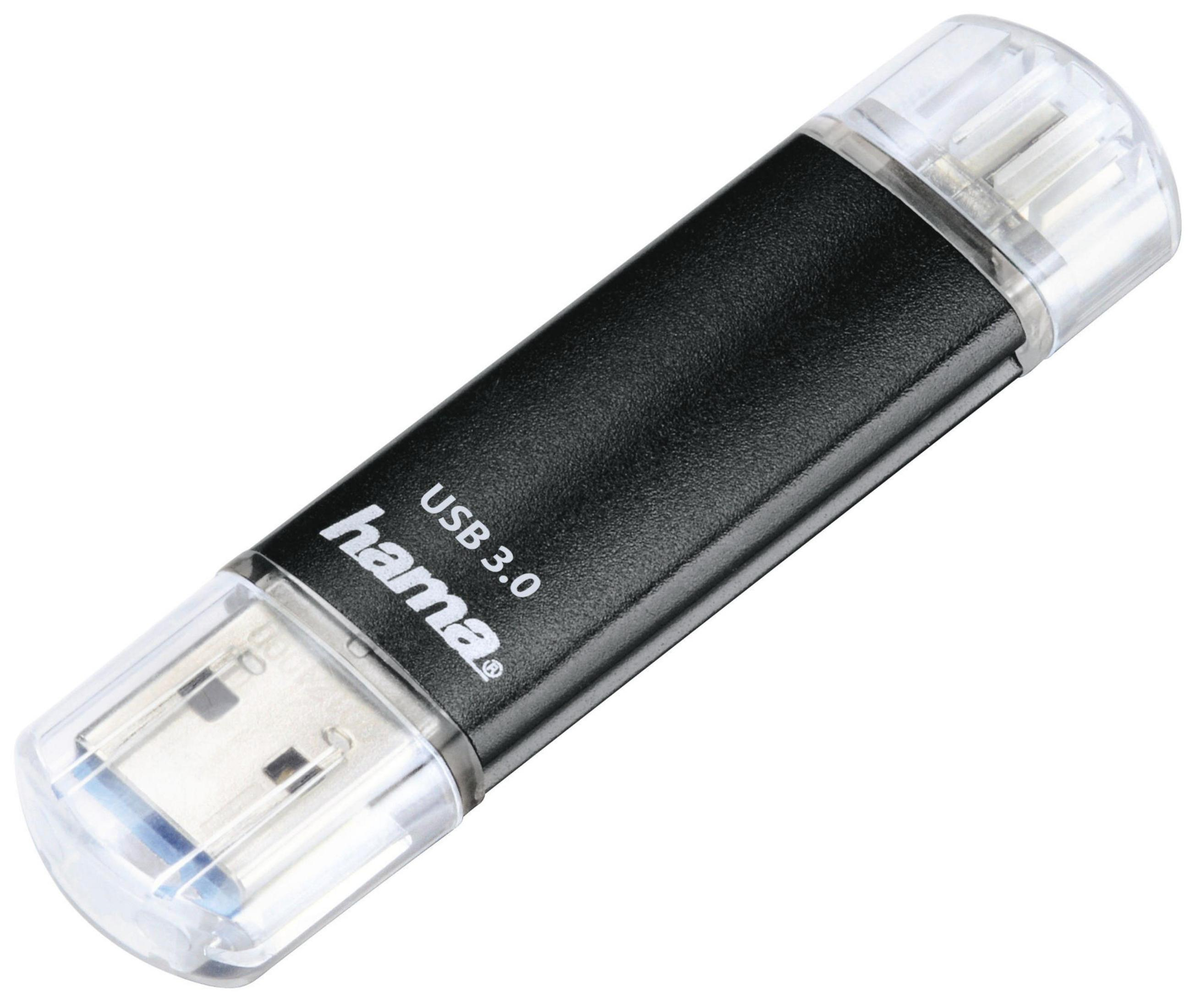 Schwarzer USB 3.0 Stick von Hama mit transparenten Kappen an beiden Enden.