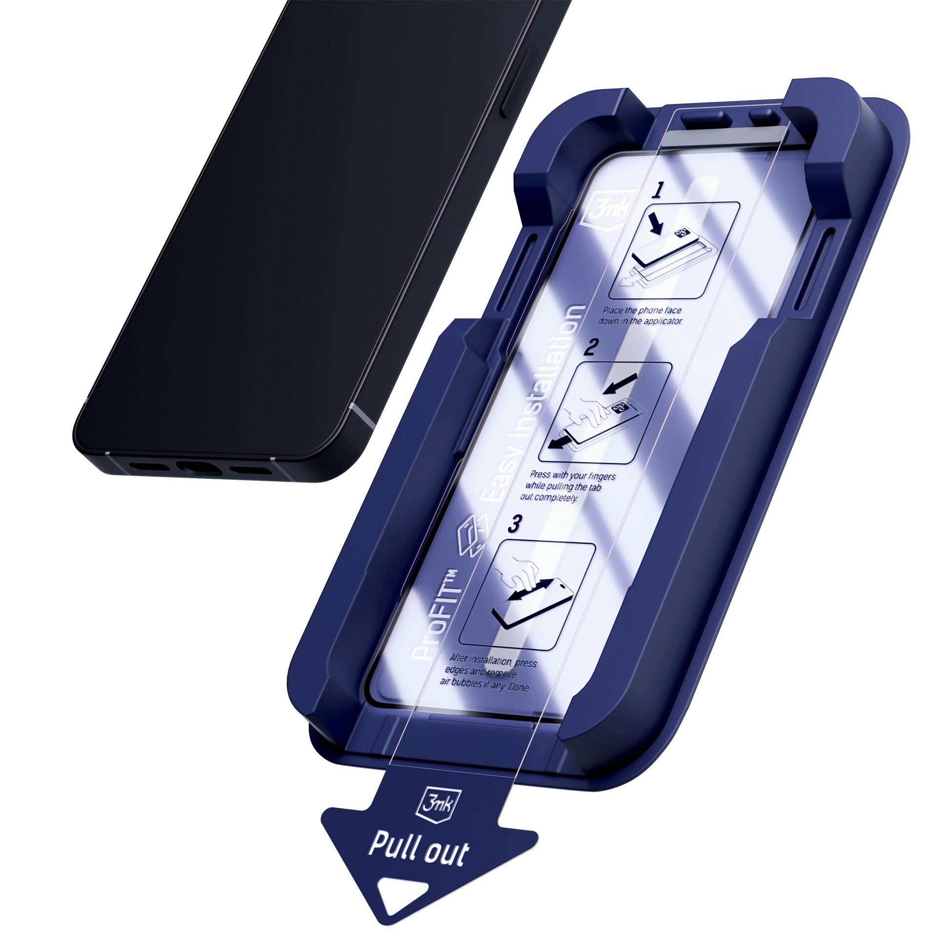 Niebieskie narzędzie do łatwego zakładania folii ochronnej na czarny smartfon.