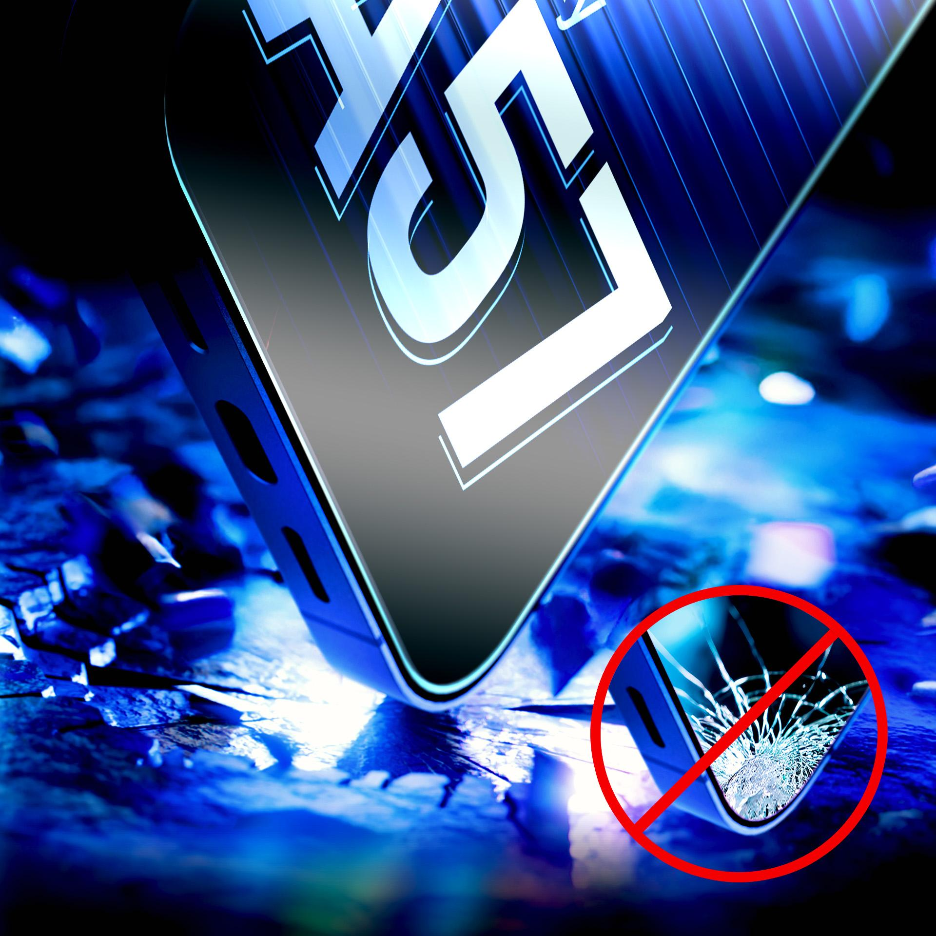 Smartfon z napisem "L5" na niebieskim, potłuczonym tle. Czerwony znak zakazu na stłuczonym szkle.