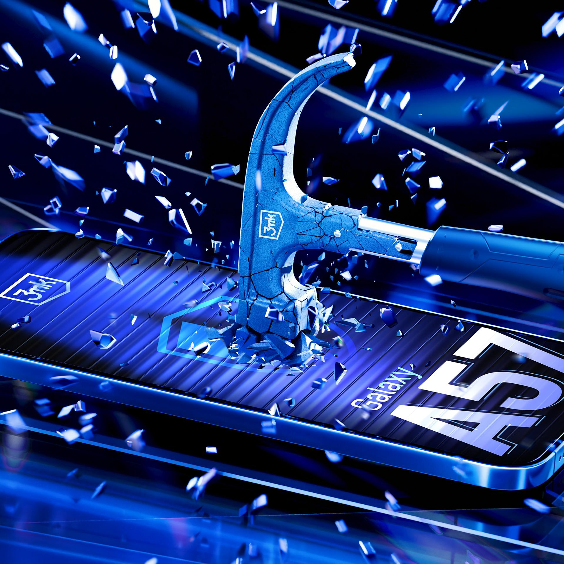 Niebieski młotek łamie telefon z napisem Galaxy A54.
