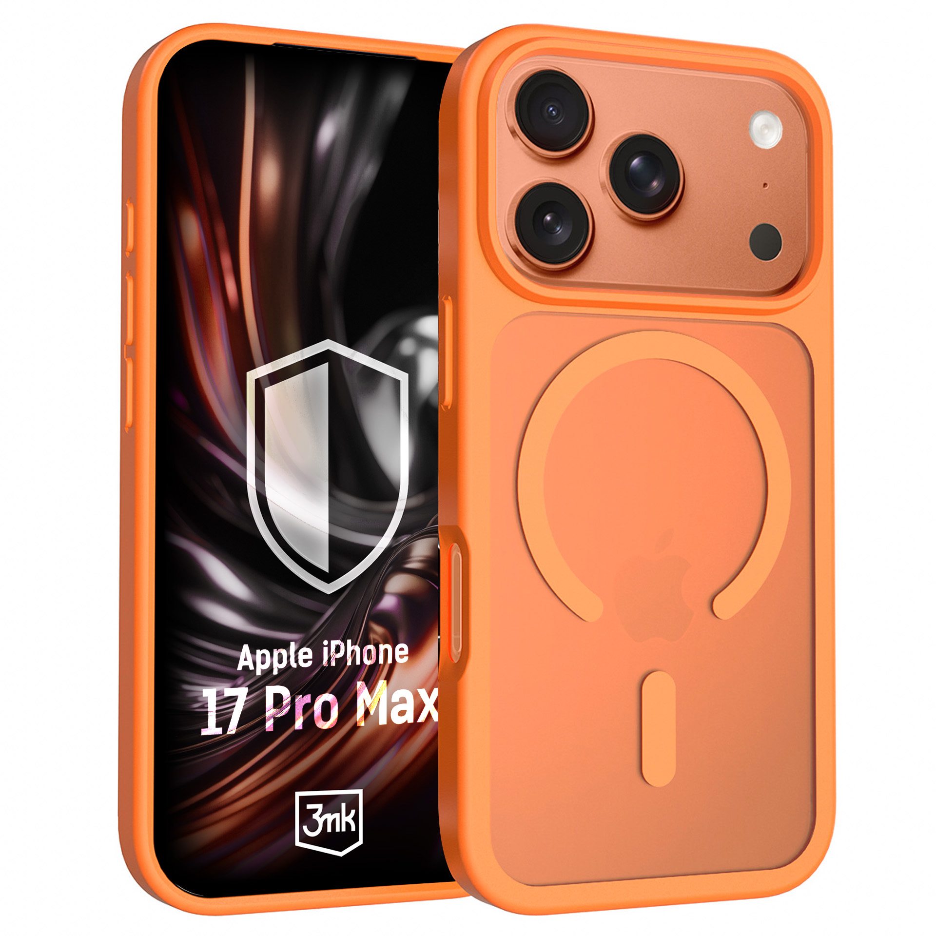 Pomarańczowe etui do iPhone 17 Pro Max z trzema aparatami i logo MagSafe.
