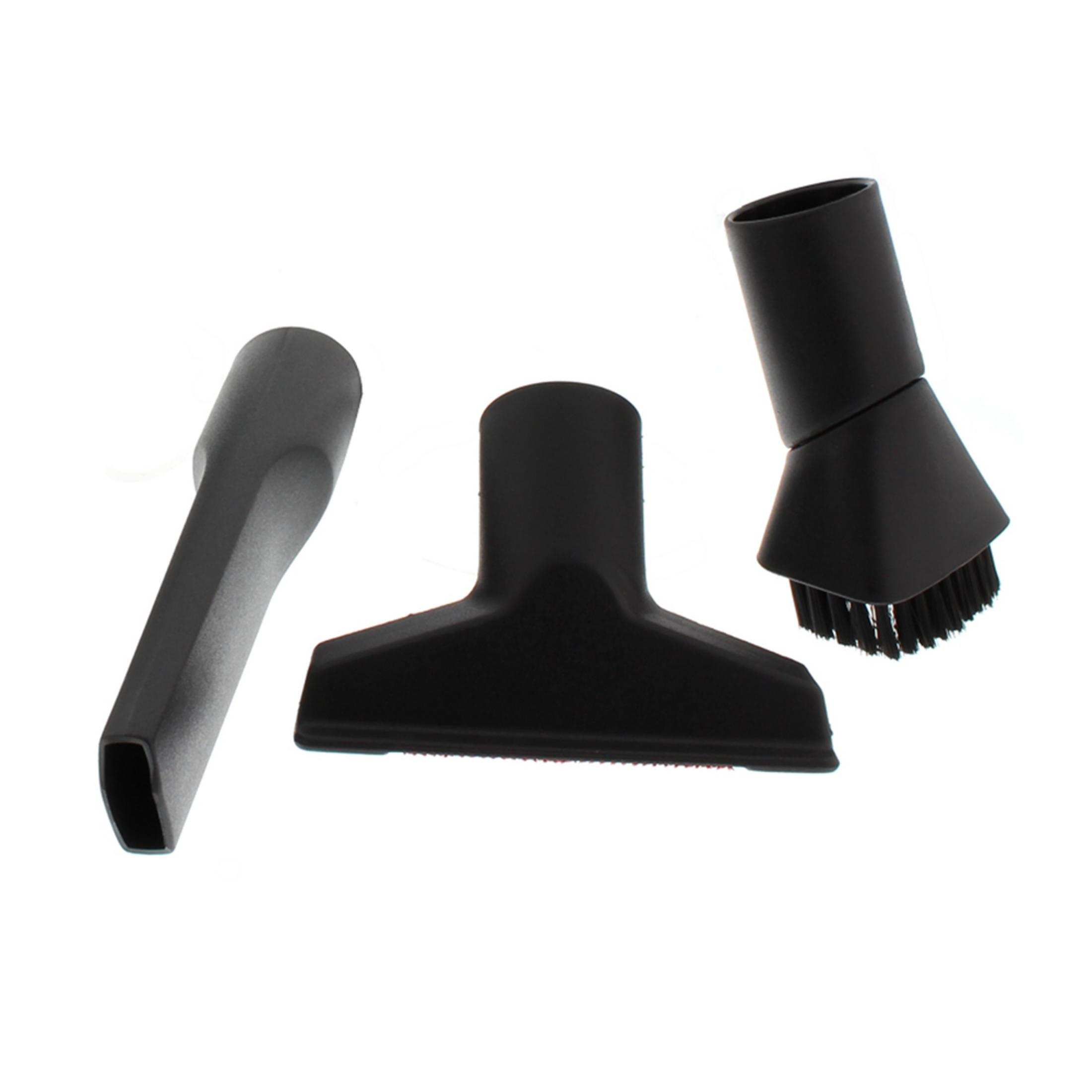 Trzy czarne końcówki do odkurzacza na białym tle.