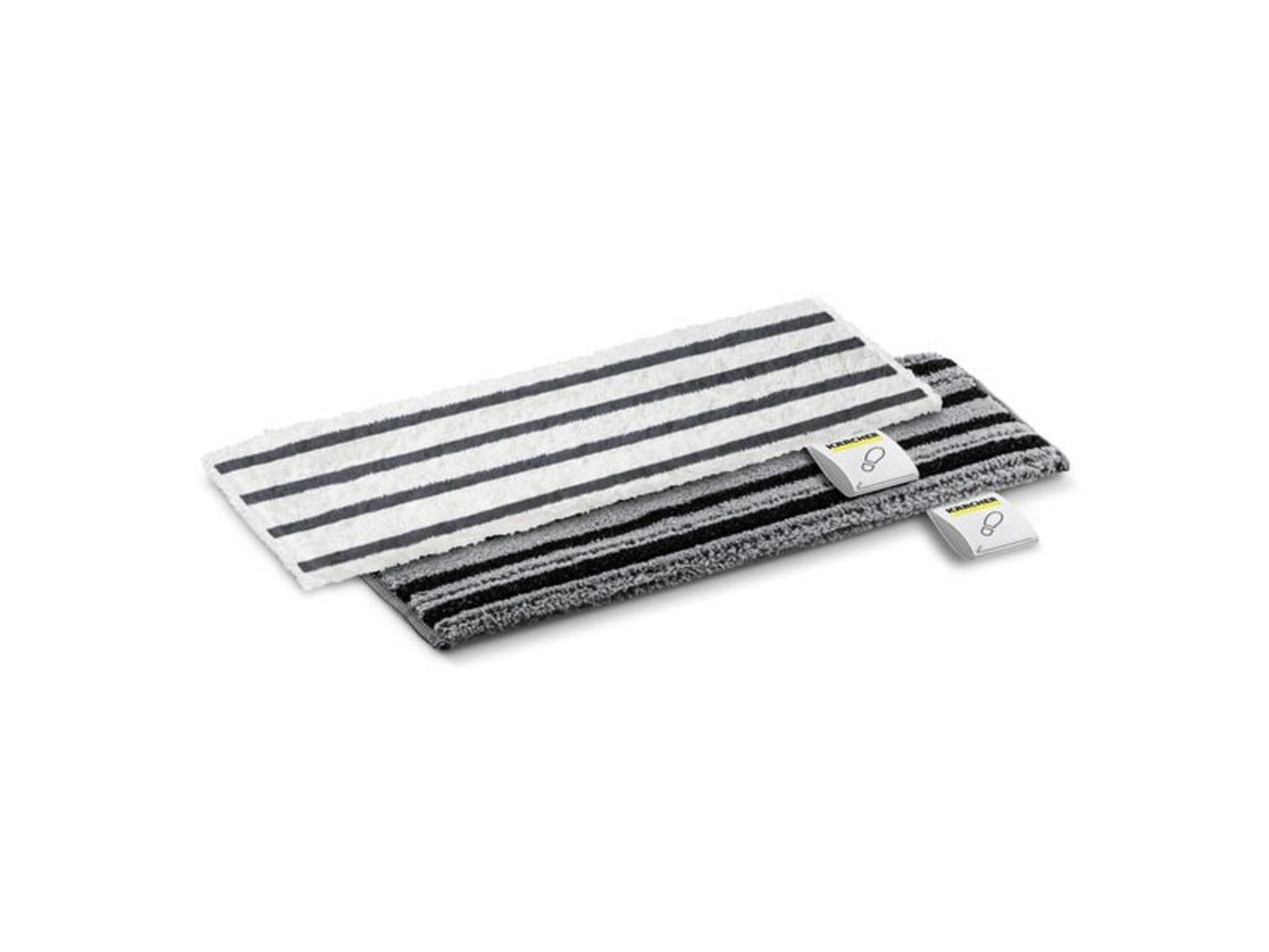 Due panni per mocio a righe uno sopra l'altro, con etichette Karcher.