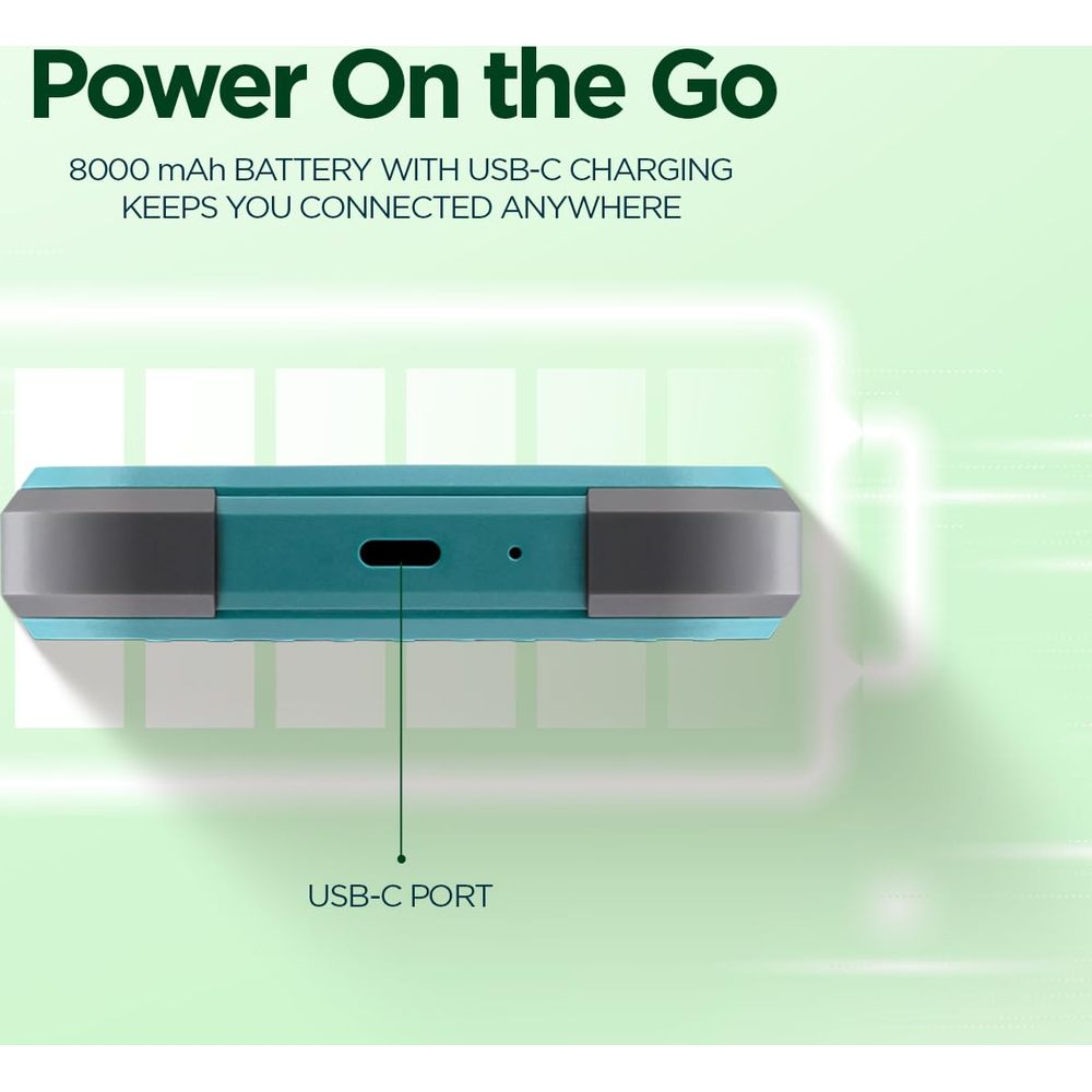 Gri kapaklı turkuaz renkli powerbank, şarj için USB-C bağlantı noktasına sahiptir.
