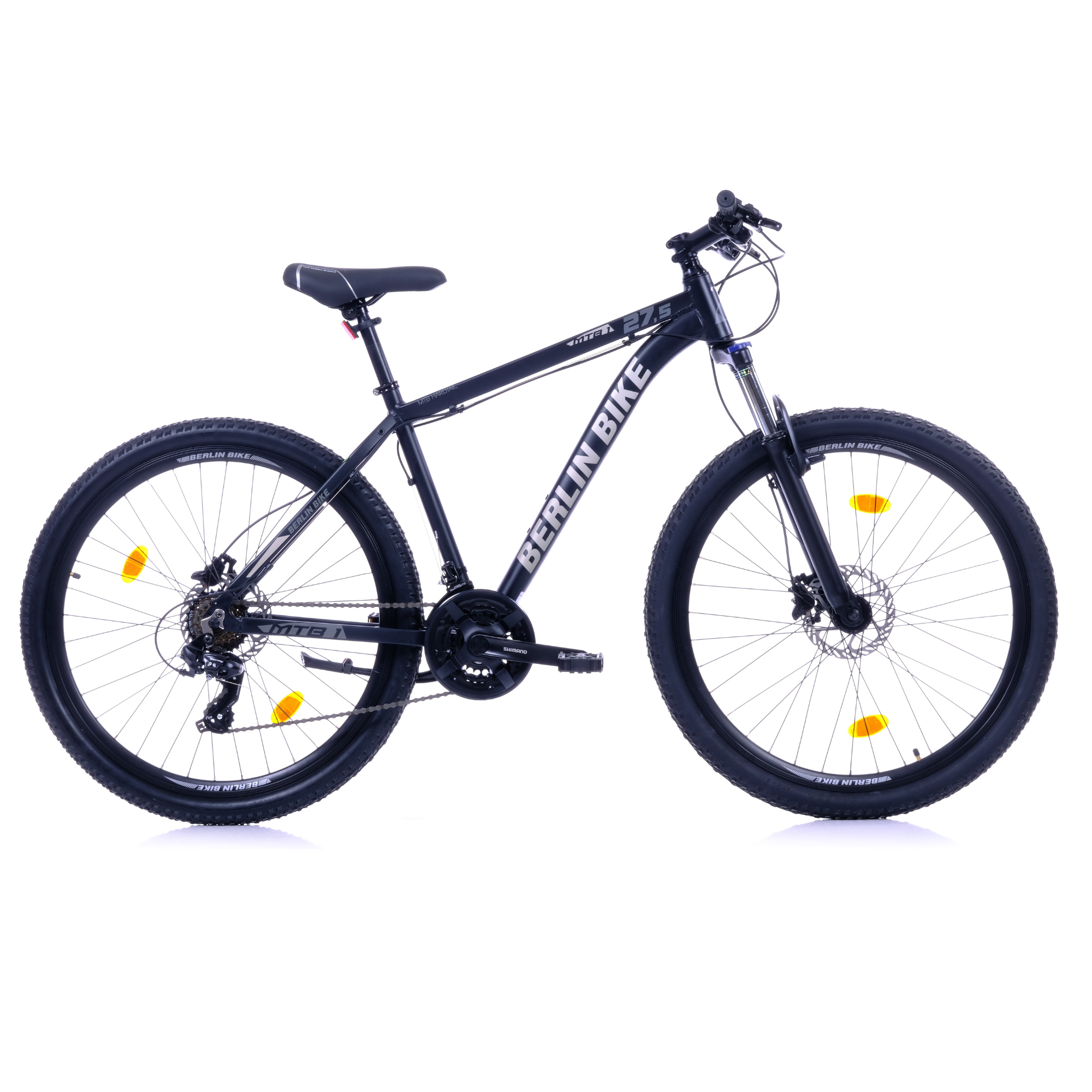 Ein schwarzes Berlin Bike Mountainbike mit 27.5 Zoll Rädern und Scheibenbremsen.