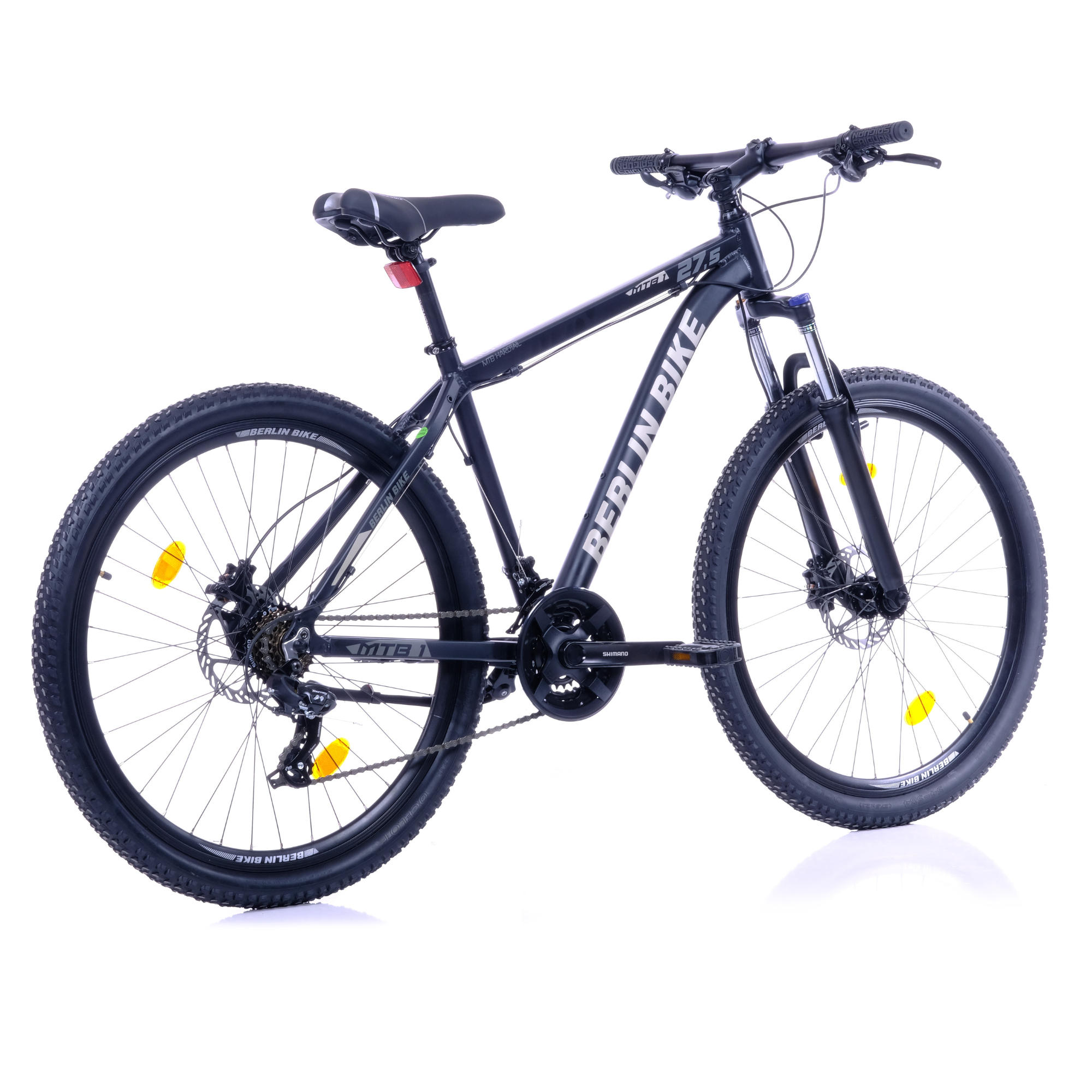 Ein schwarzes Mountainbike mit der Aufschrift "BERLIN BIKE" auf dem Rahmen.