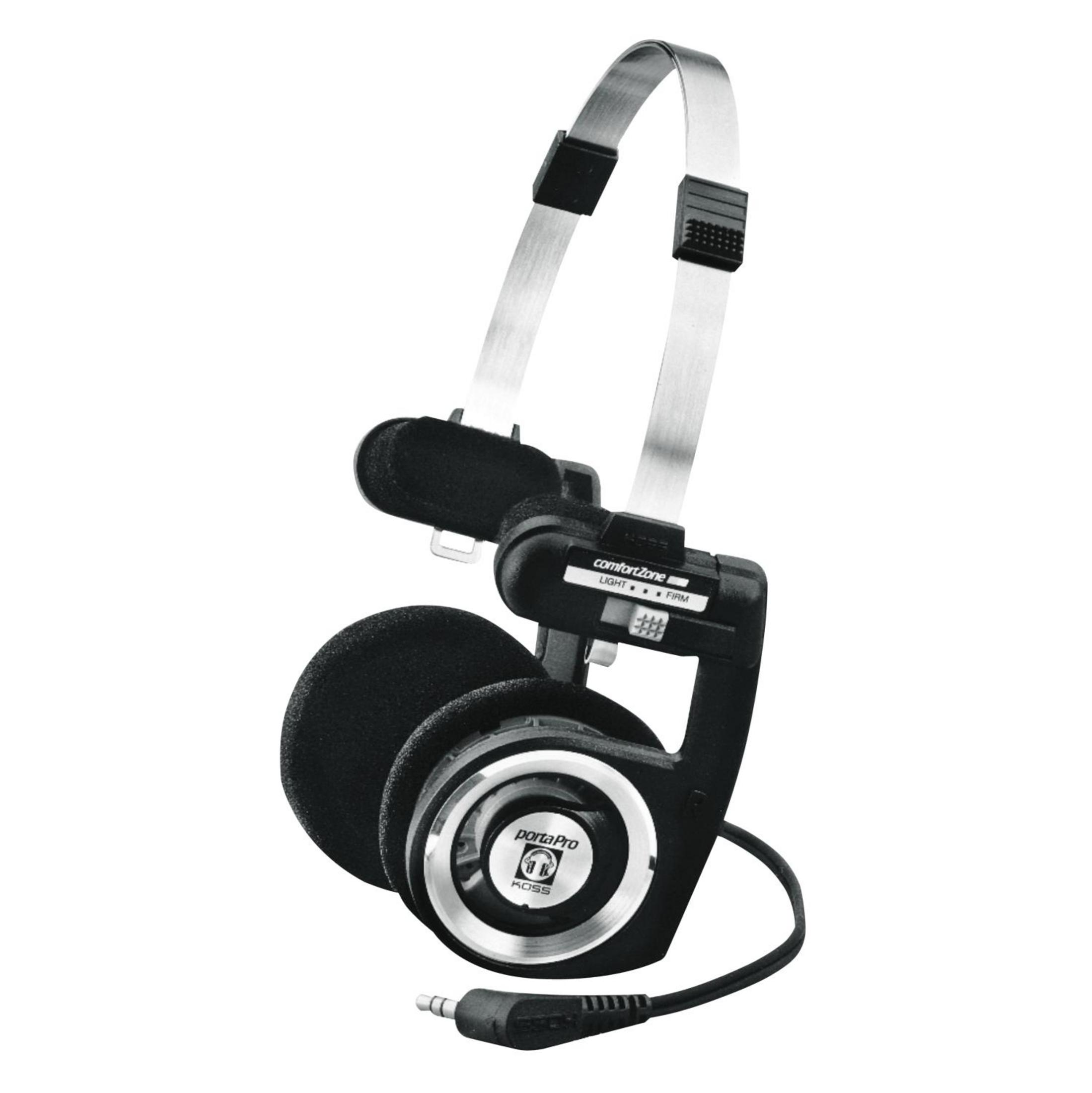 Auriculares negros con diadema de metal plateado y cable trenzado.