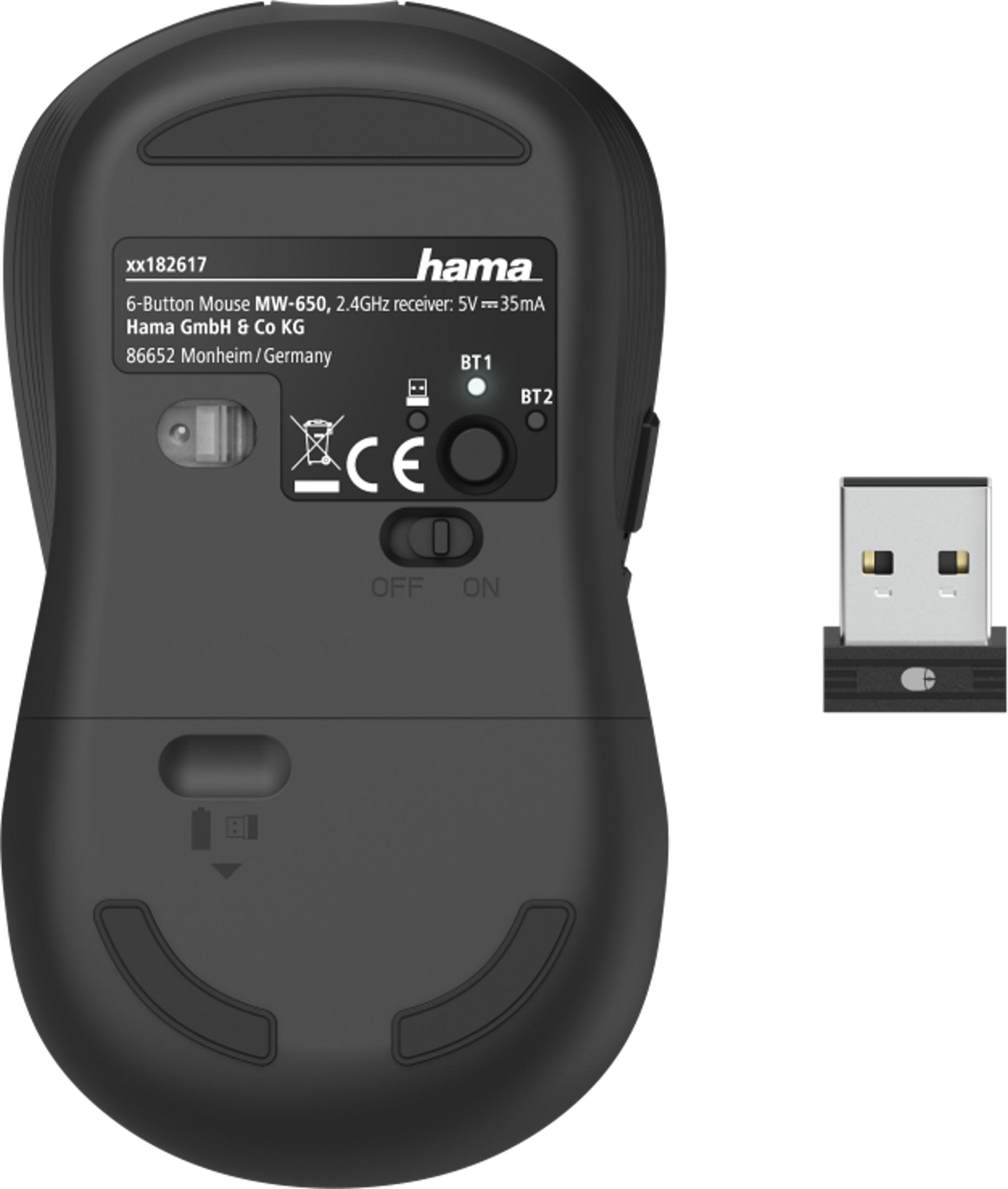 Spód czarnej myszy z odbiornikiem USB i logo Hama.