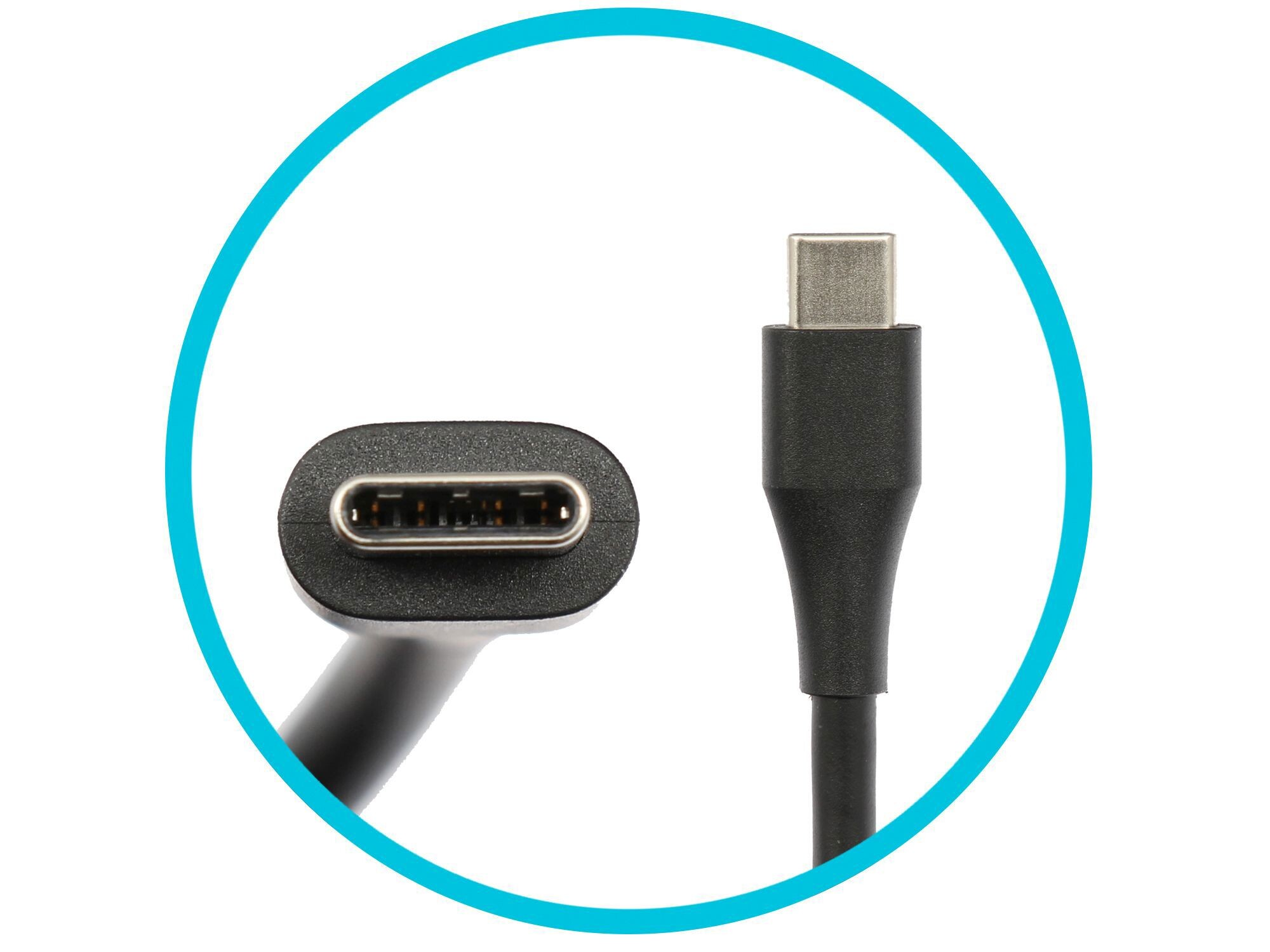 Nahaufnahme eines schwarzen USB-C-Kabels mit zwei Anschlüssen, auf weißem Hintergrund.