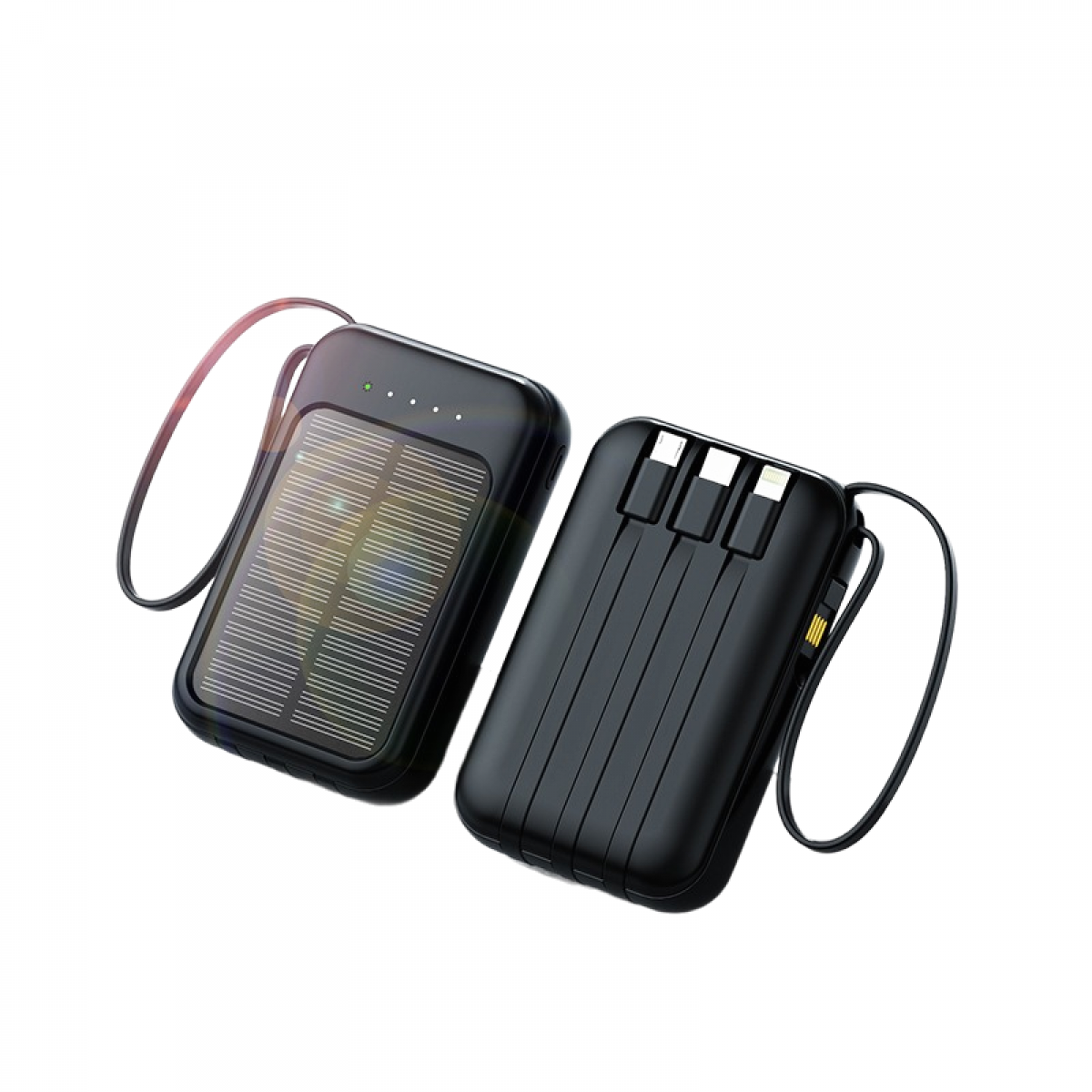 Schwarzes Solar-Powerbank mit integrierten Kabeln und Lichter.