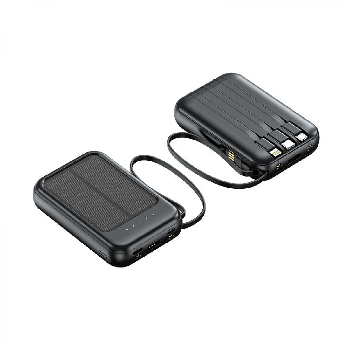 Zwei schwarze Powerbanks, eine mit Solarpanel, verbunden durch ein Kabel.