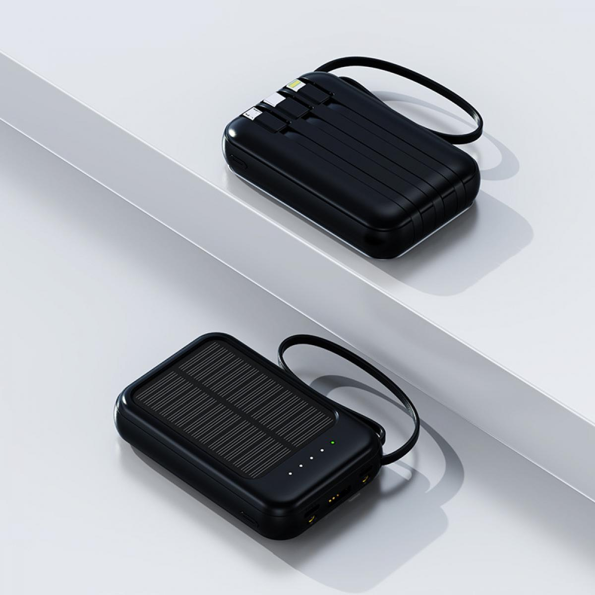 Zwei schwarze Powerbanks mit Solarmodulen und Ladeanschlüssen auf weißem Hintergrund.
