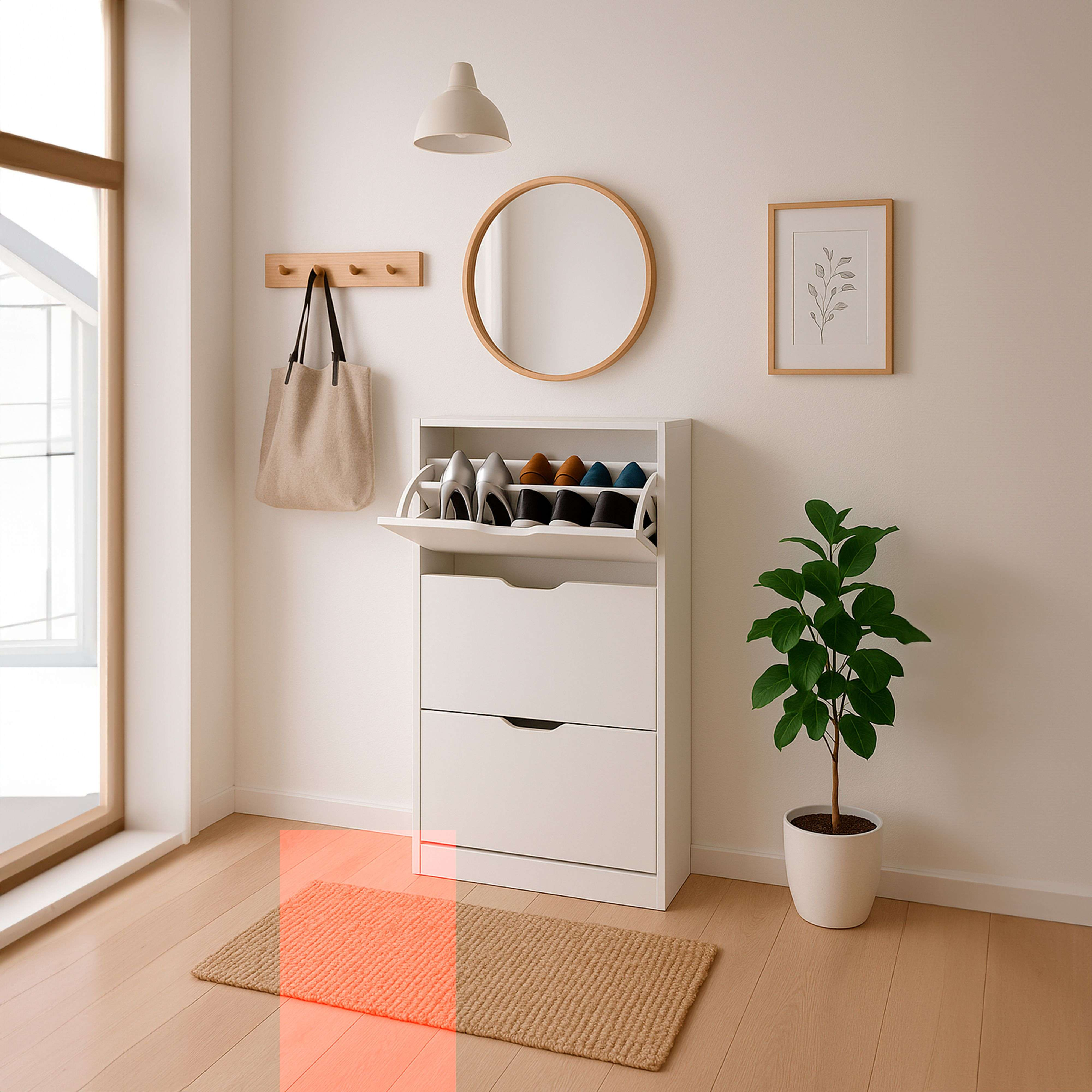Un pasillo luminoso con zapatero, espejo, bolso, cuadro y planta.