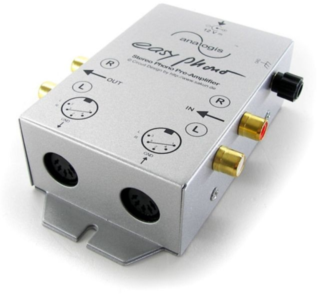Srebrny przedwzmacniacz stereo phono ze złączami i etykietami.