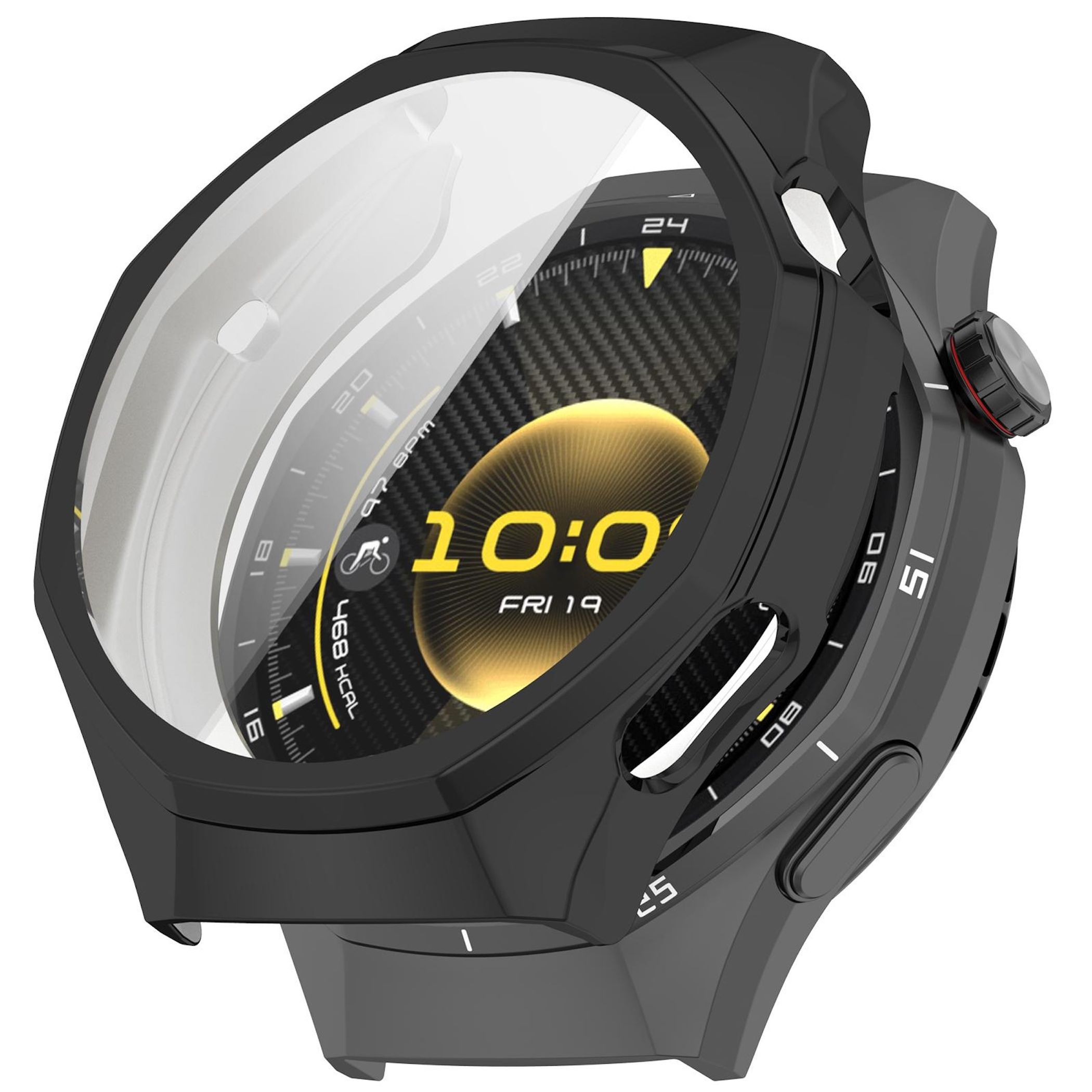 Eine schwarze Smartwatch mit gelbem Zifferblatt zeigt 10:00 Uhr, Datum und Kalorien an.