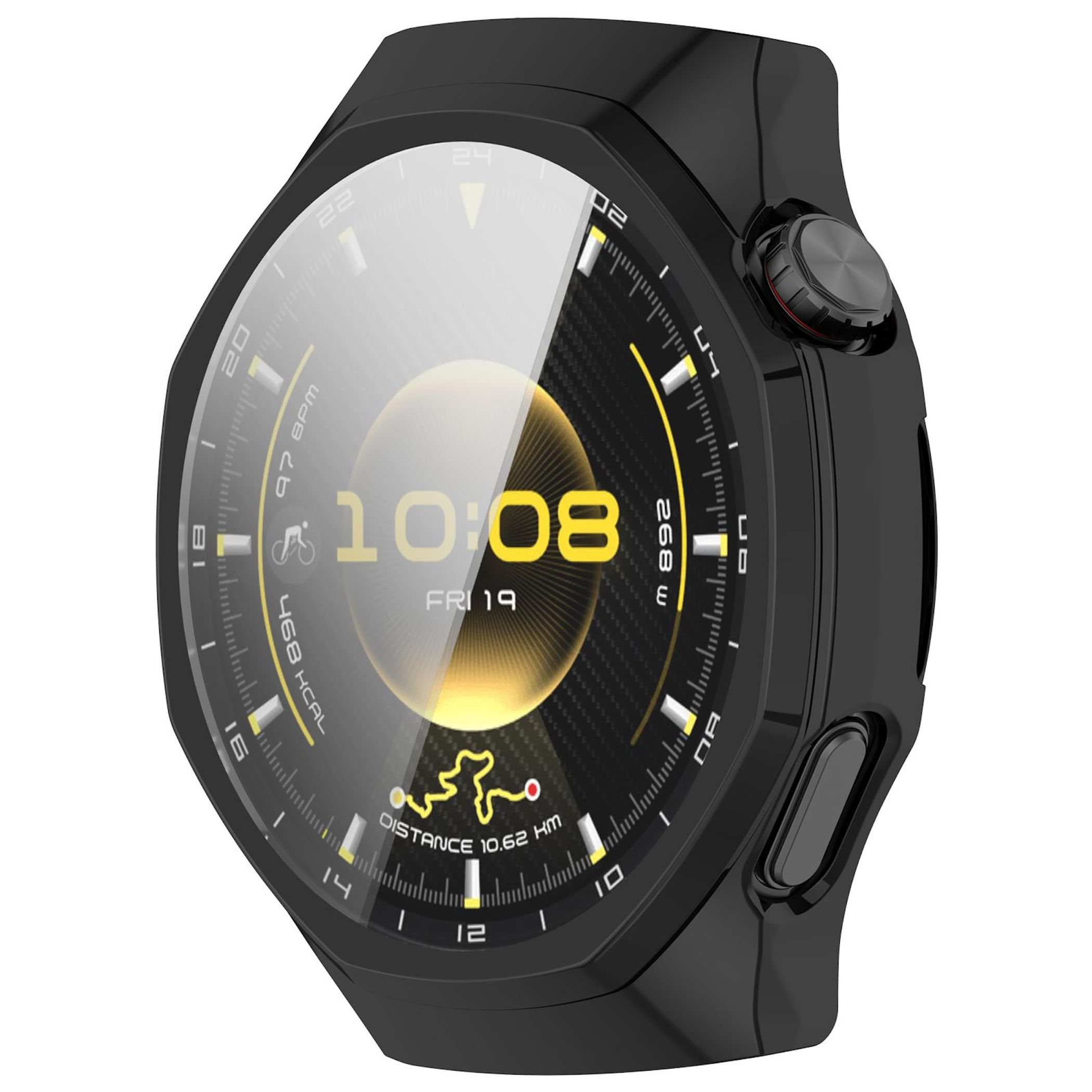 Eine schwarze Smartwatch mit einem Zifferblatt, das 10:08 Uhr, 97 BPM und 468 Kcal anzeigt.