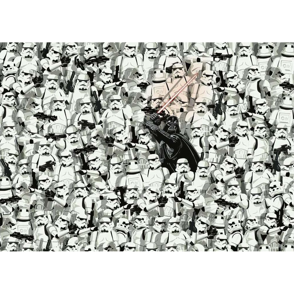 Darth Vader z czerwonym mieczem świetlnym pośród tłumu szturmowców.