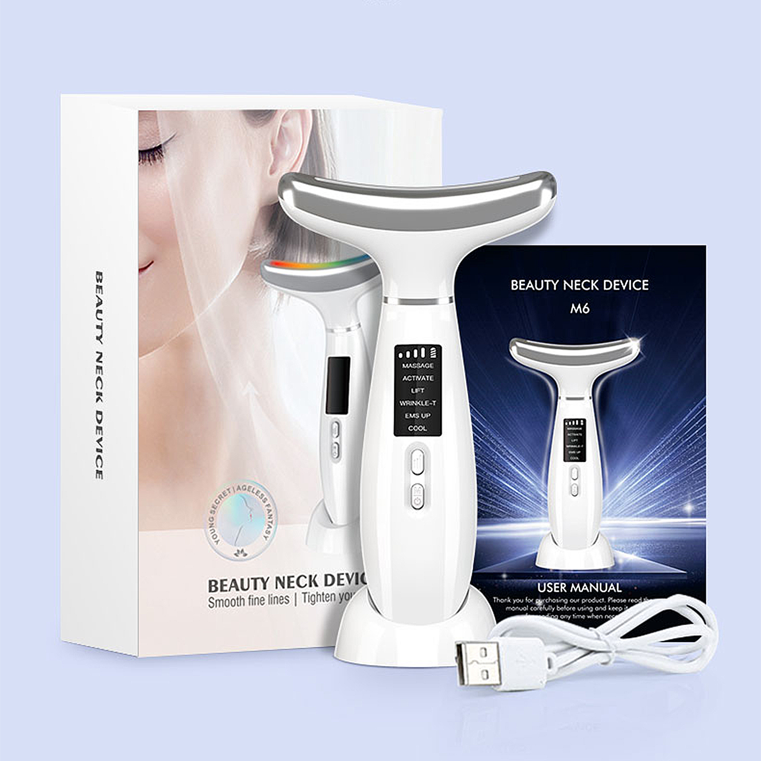 Un dispositivo de belleza para el cuello blanco con cable USB y manual.