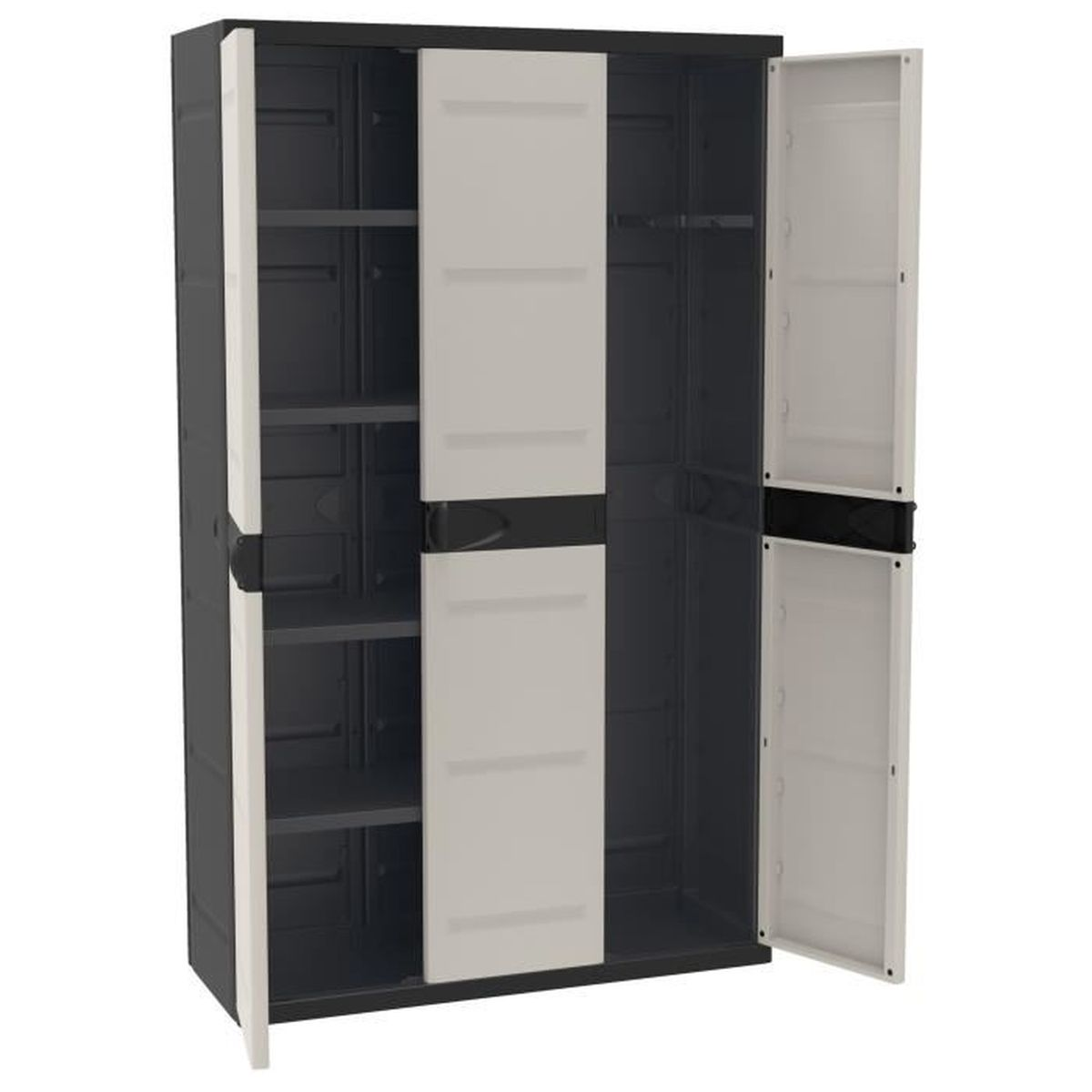 Un armario oscuro con puertas gris claro y varios estantes.