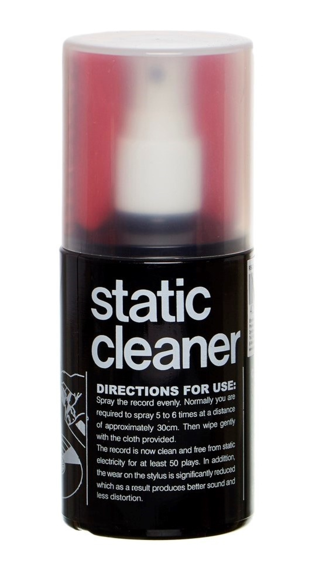 Czarna puszka z czerwonym wieczkiem, z napisem "static cleaner".