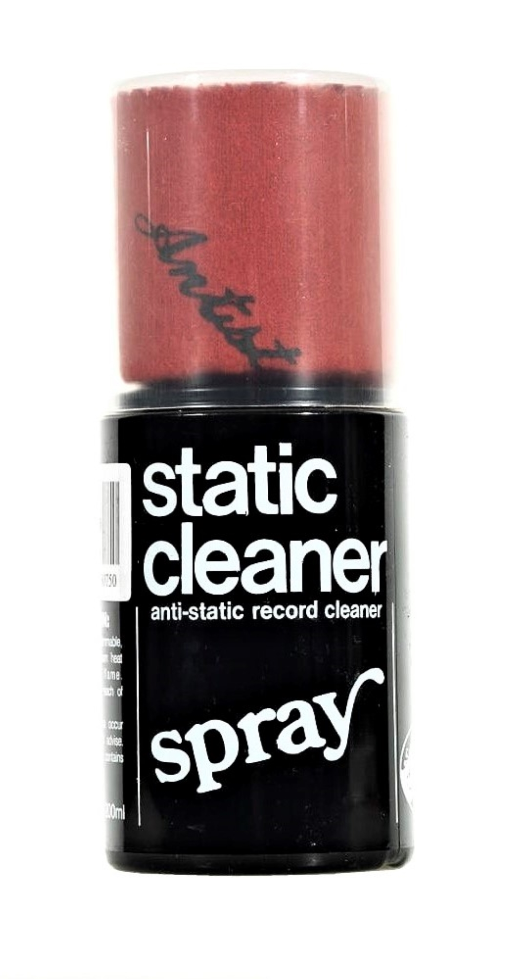Czarny spray z czerwonym korkiem, z napisem "static cleaner" i "spray".