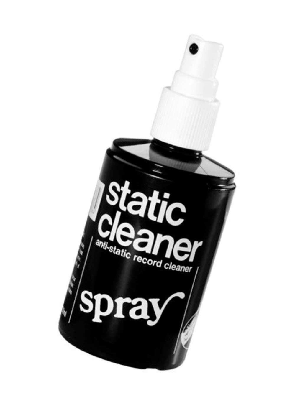 Czarna butelka z atomizerem i białym napisem: "static cleaner anti-static record cleaner spray".