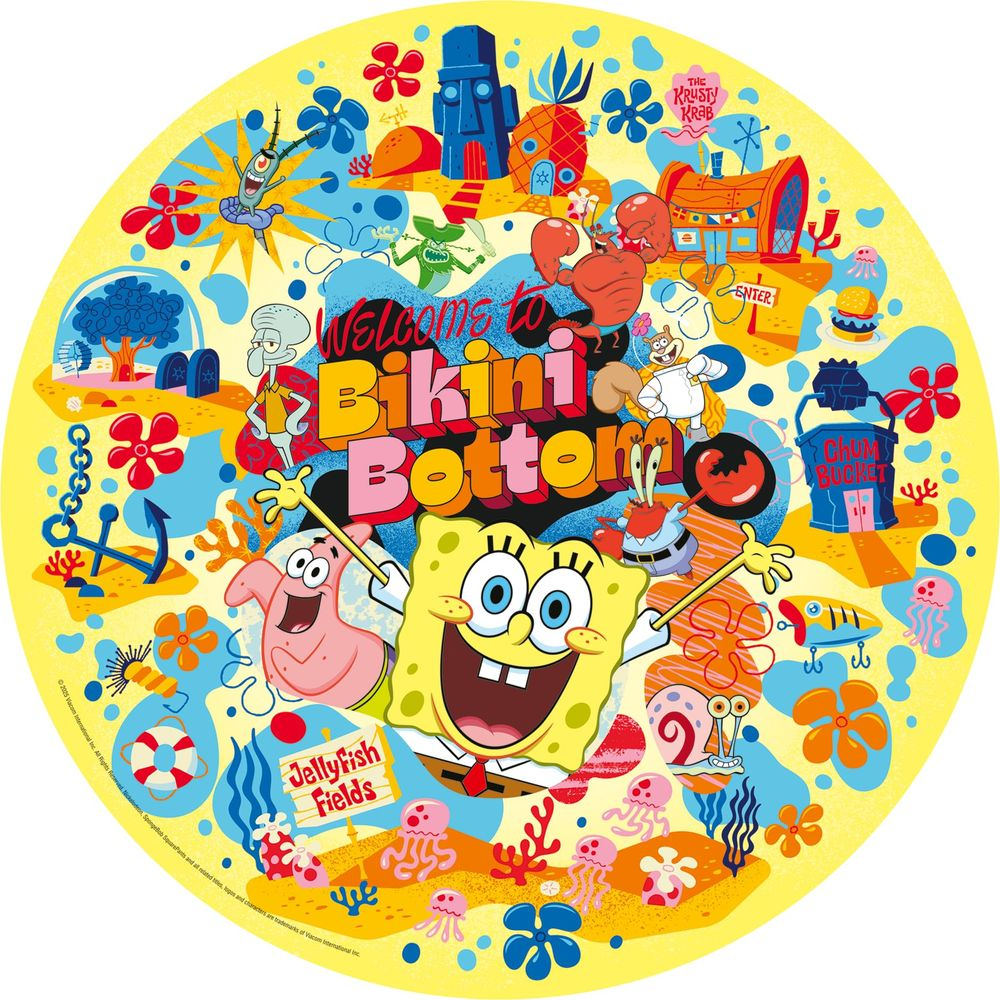 Benvenuti a Bikini Bottom con Spongebob, Patrick, Squidward, Plankton, Krusty Krab e Chum Bucket.