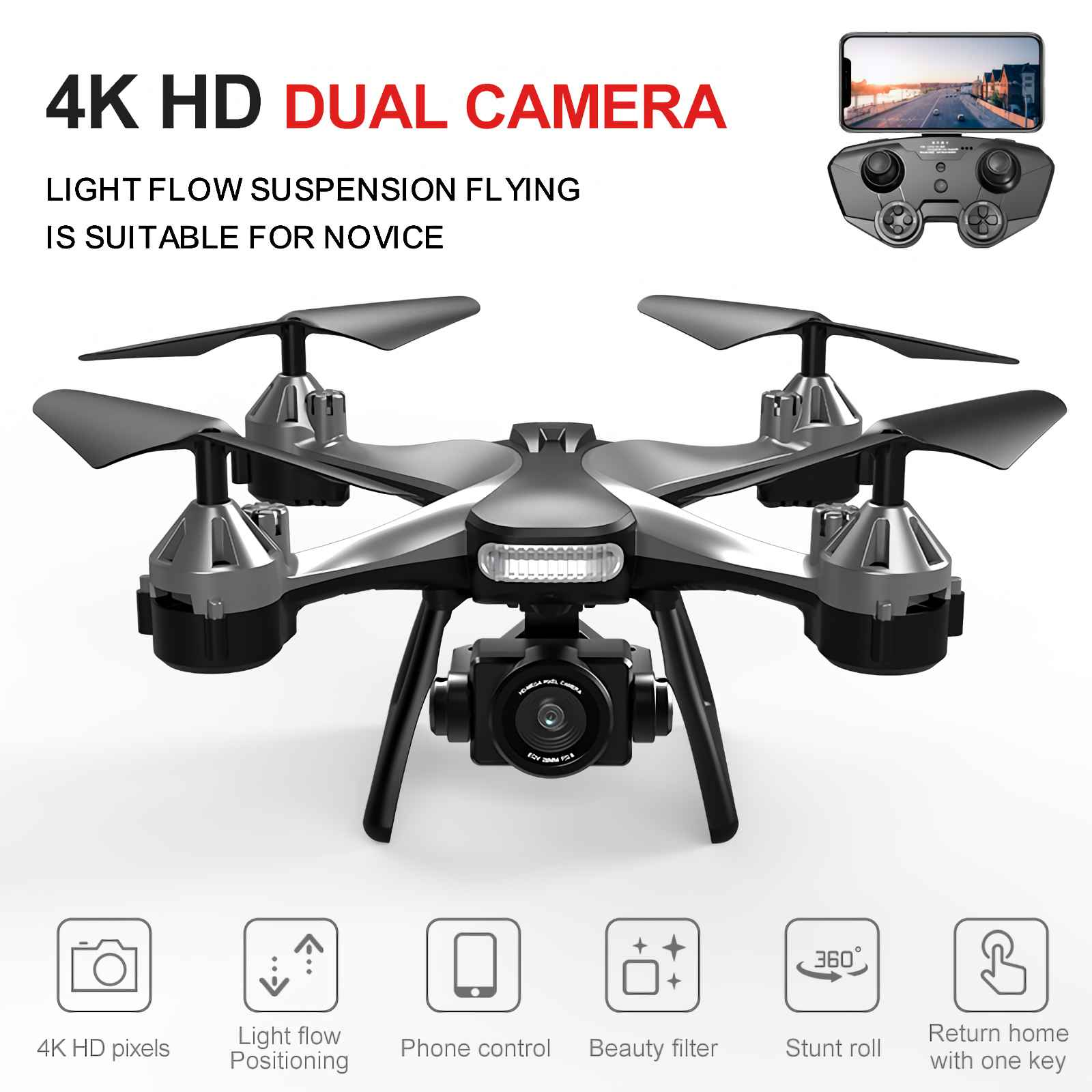 Ein schwarzer und silberner Quadrocopter mit 4K HD Dual-Kamera, Fernbedienung und Handy.