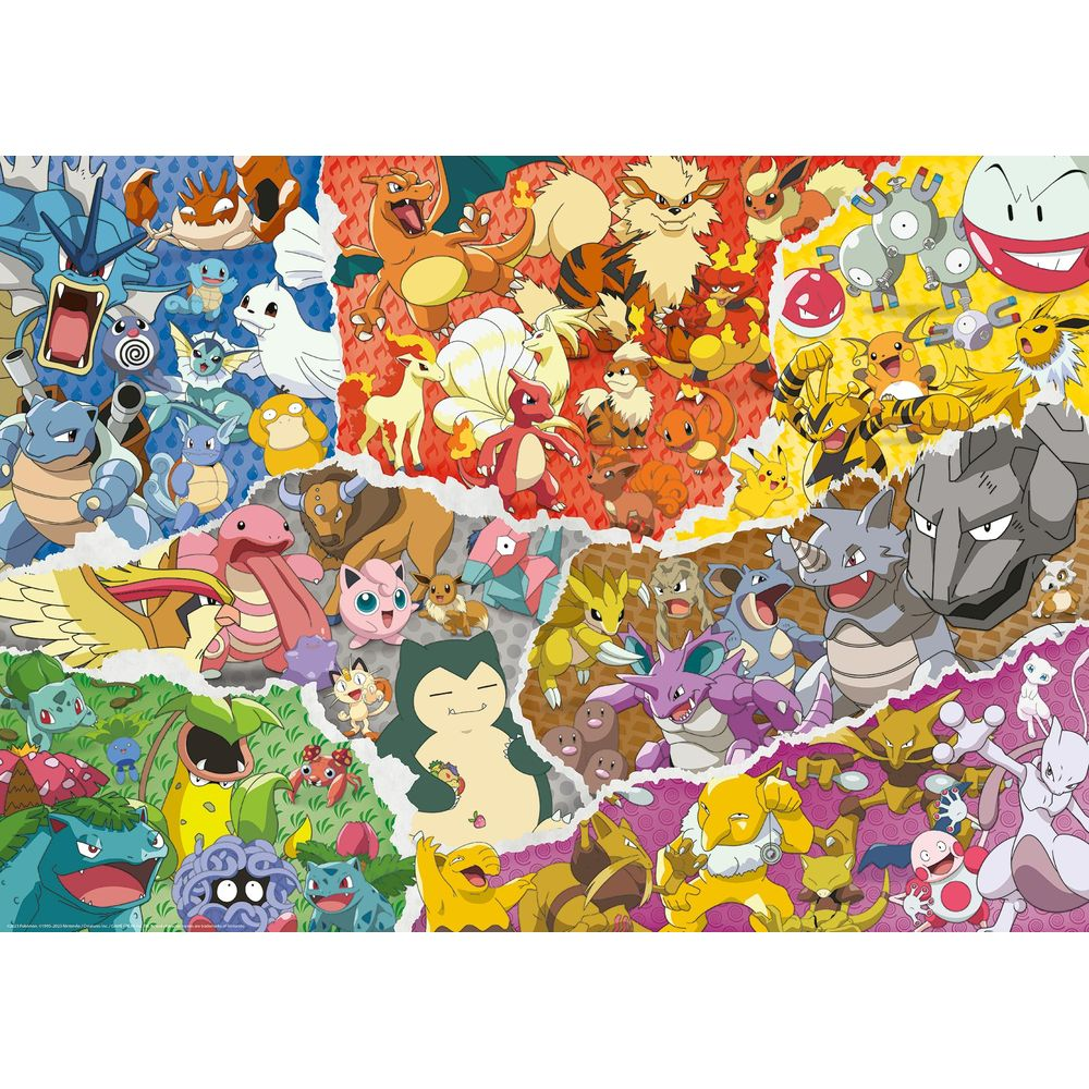 Kolaż wielu różnych postaci Pokémon w różnych kolorach i scenach.