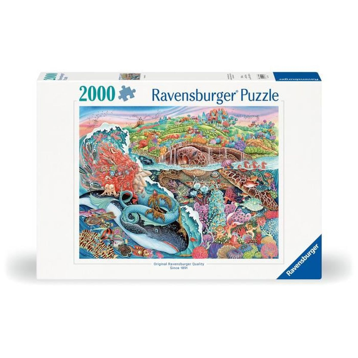Ravensburger 2000-Teile-Puzzle mit Unterwasser- und Landmotiv, Brücke, Schildkröten und Walhai.