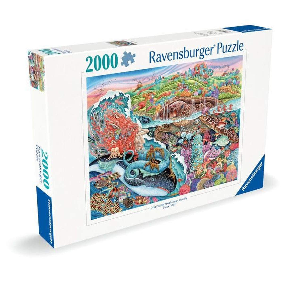 Ravensburger Puzzle 2000 Teile Unterwasserwelt mit Meerestieren und einer Burg.