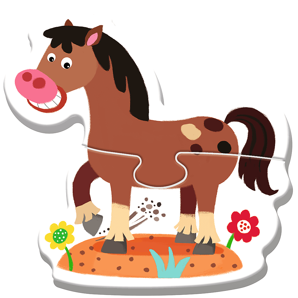 Bruin paard met vlekken in gras met bloemen.