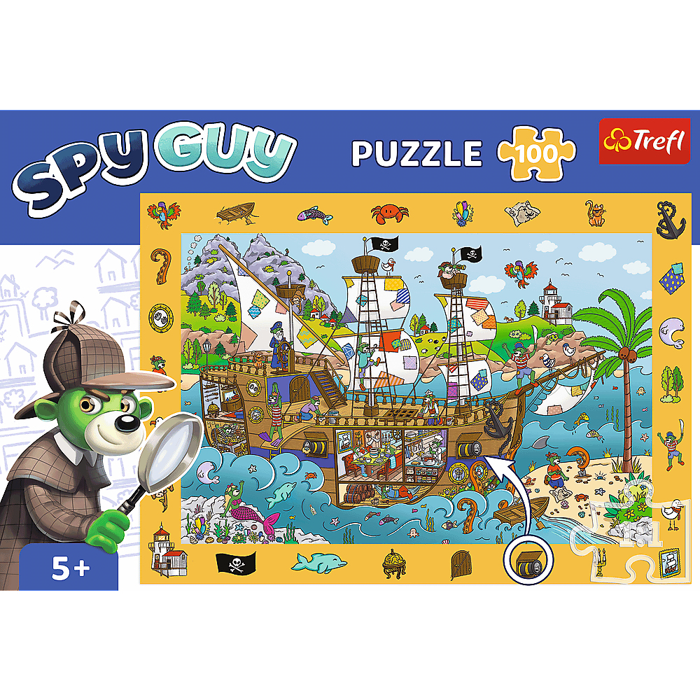 Ein grüner Affe mit Detektivhut untersucht ein Piratenschiff-Puzzle mit vielen Details.