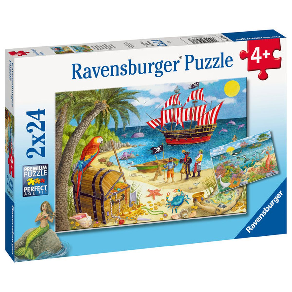 Scatola puzzle a tema pirata e marino: forziere del tesoro, pappagallo, pirati, nave, sirena.