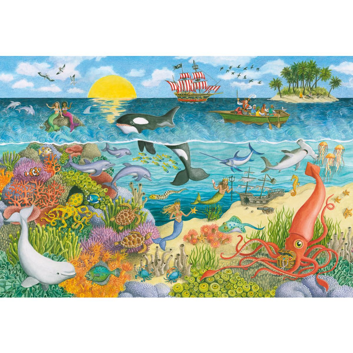 Scena sottomarina con sirene, navi, balene, delfini, calamari e barriere coralline.