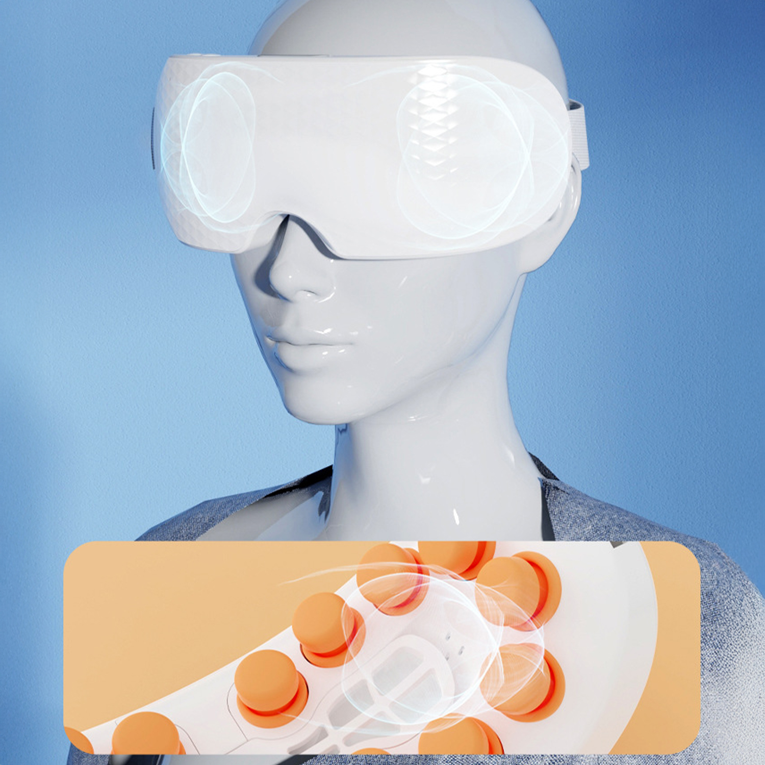 Gafas de masaje blancas con ondas azules en un maniquí sobre fondo azul.