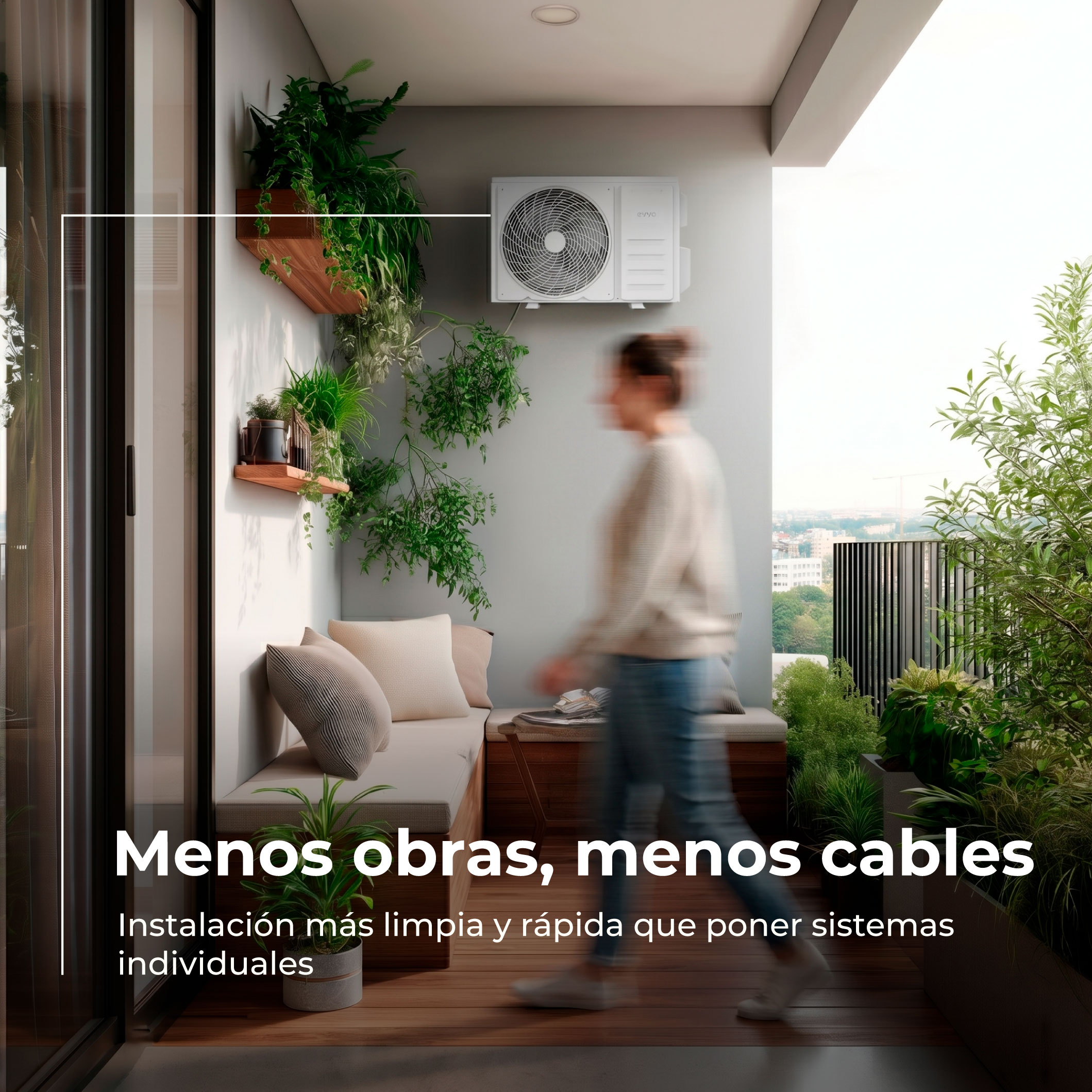 Una persona pasa junto a un aire acondicionado y plantas en un balcón.