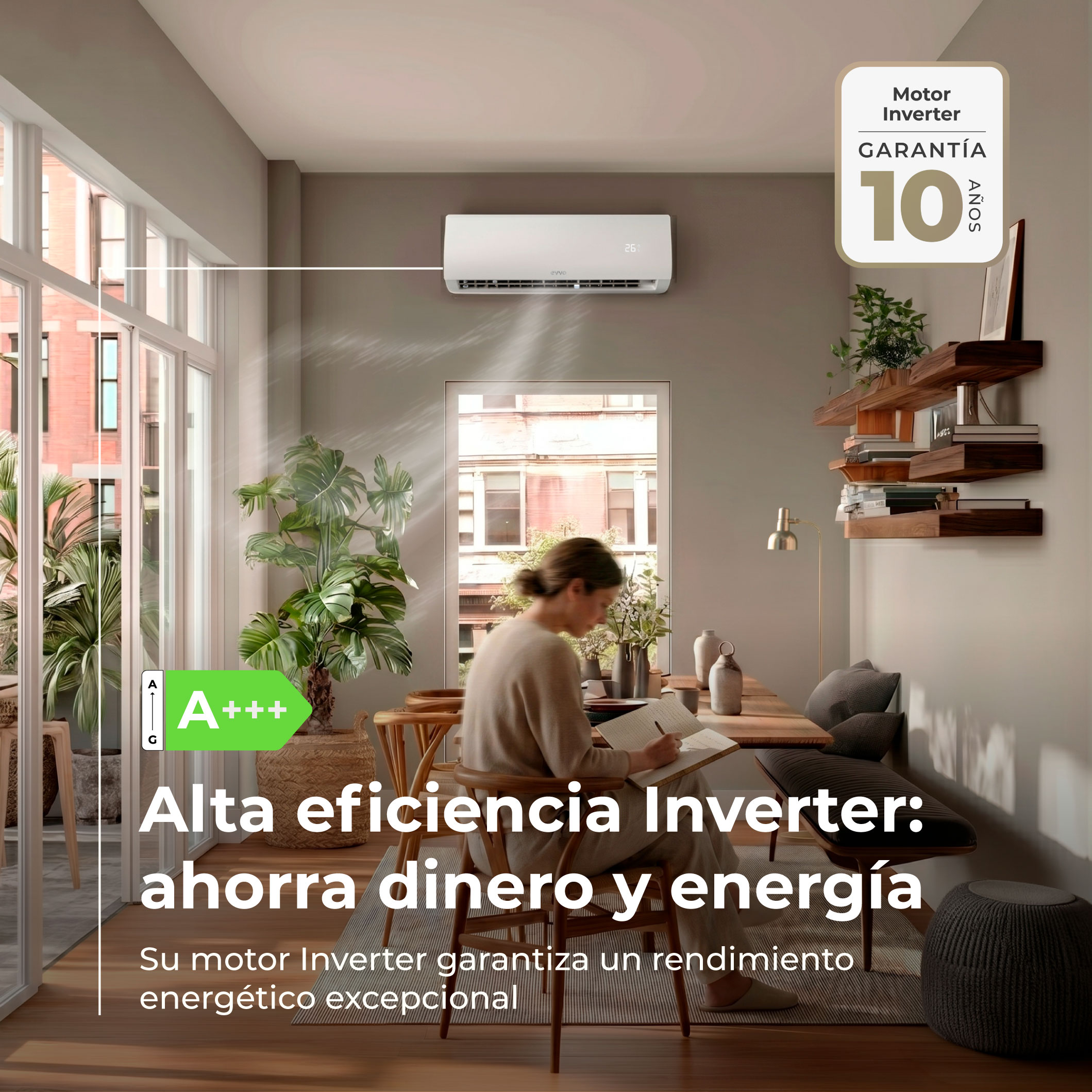 Una habitación moderna con una mujer escribiendo. Un aire acondicionado está montado en la pared.
