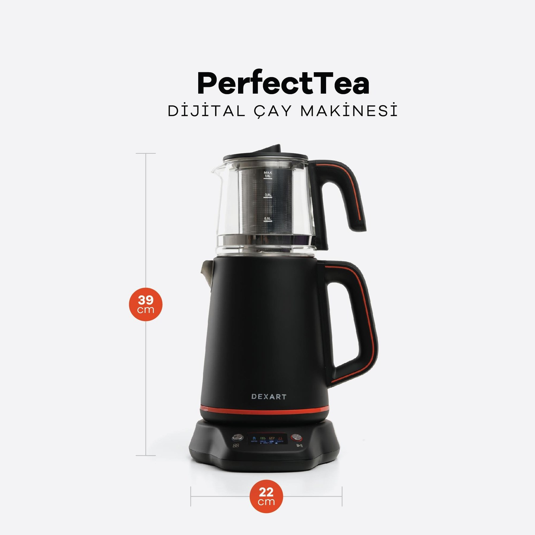 Cam demlikli, dijital ekranlı siyah dijital çay makinesi. Yükseklik 39cm, genişlik 22cm.