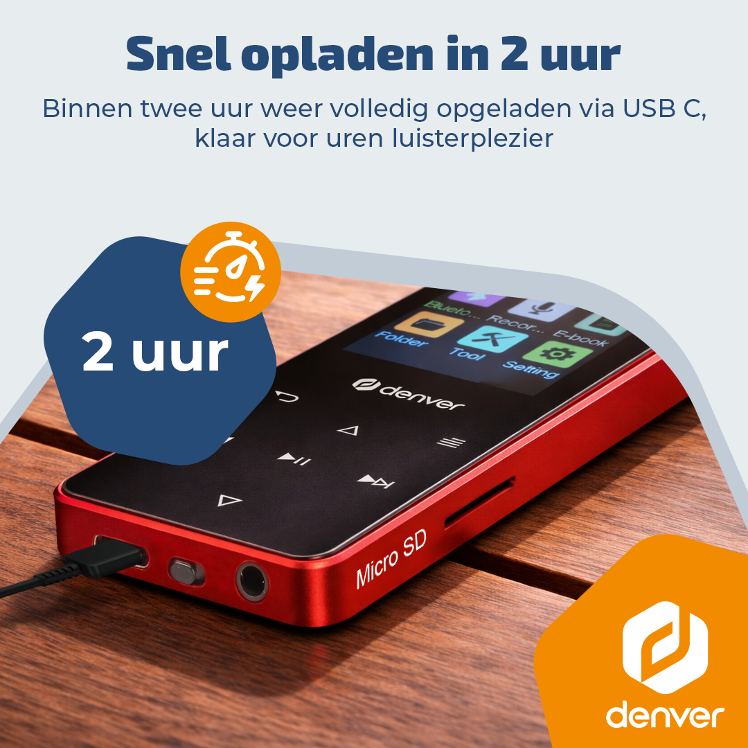 A red Denver MP3 player with charging icon and "2 hours" text.
