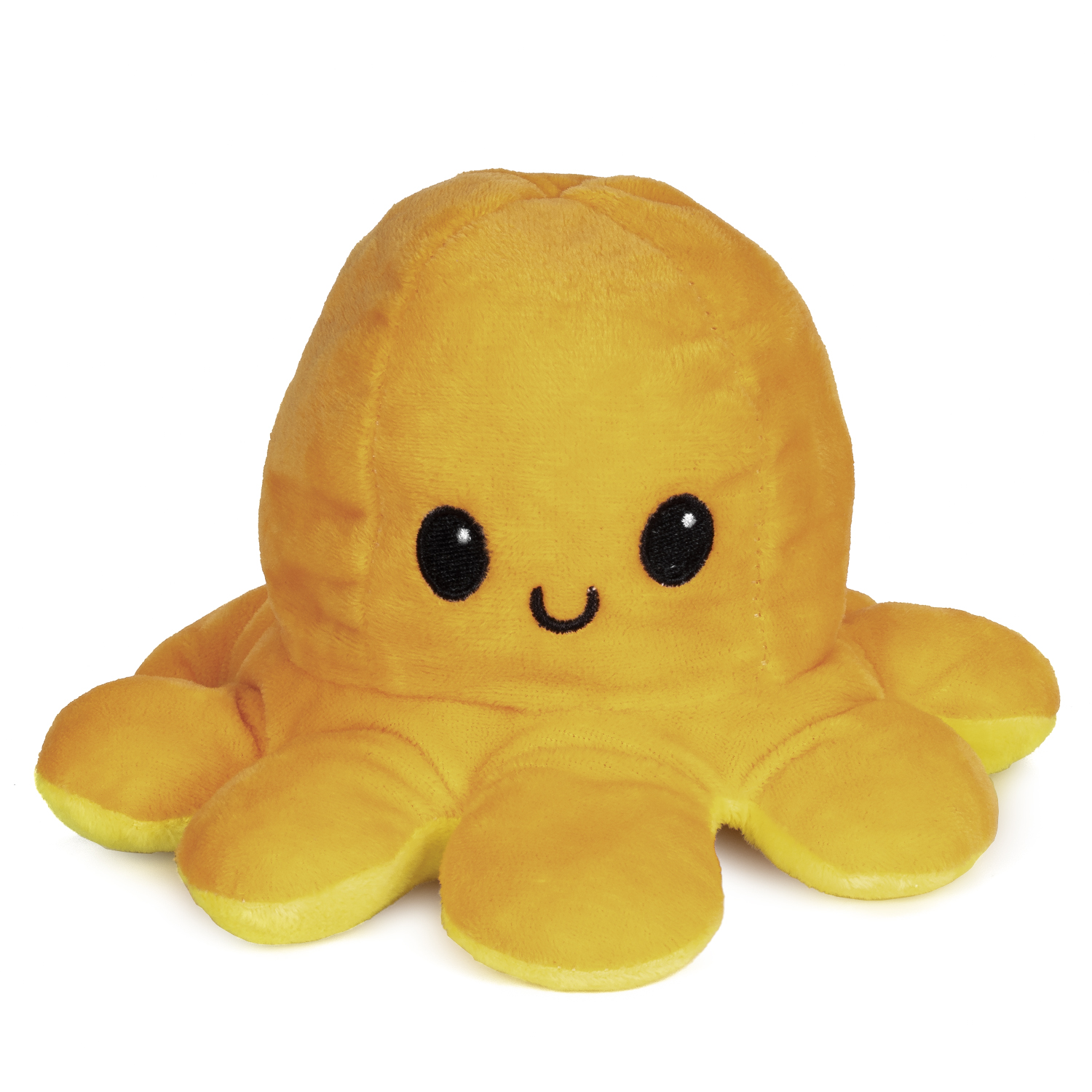 Un pulpo de peluche naranja con ojos negros y cara sonriente.