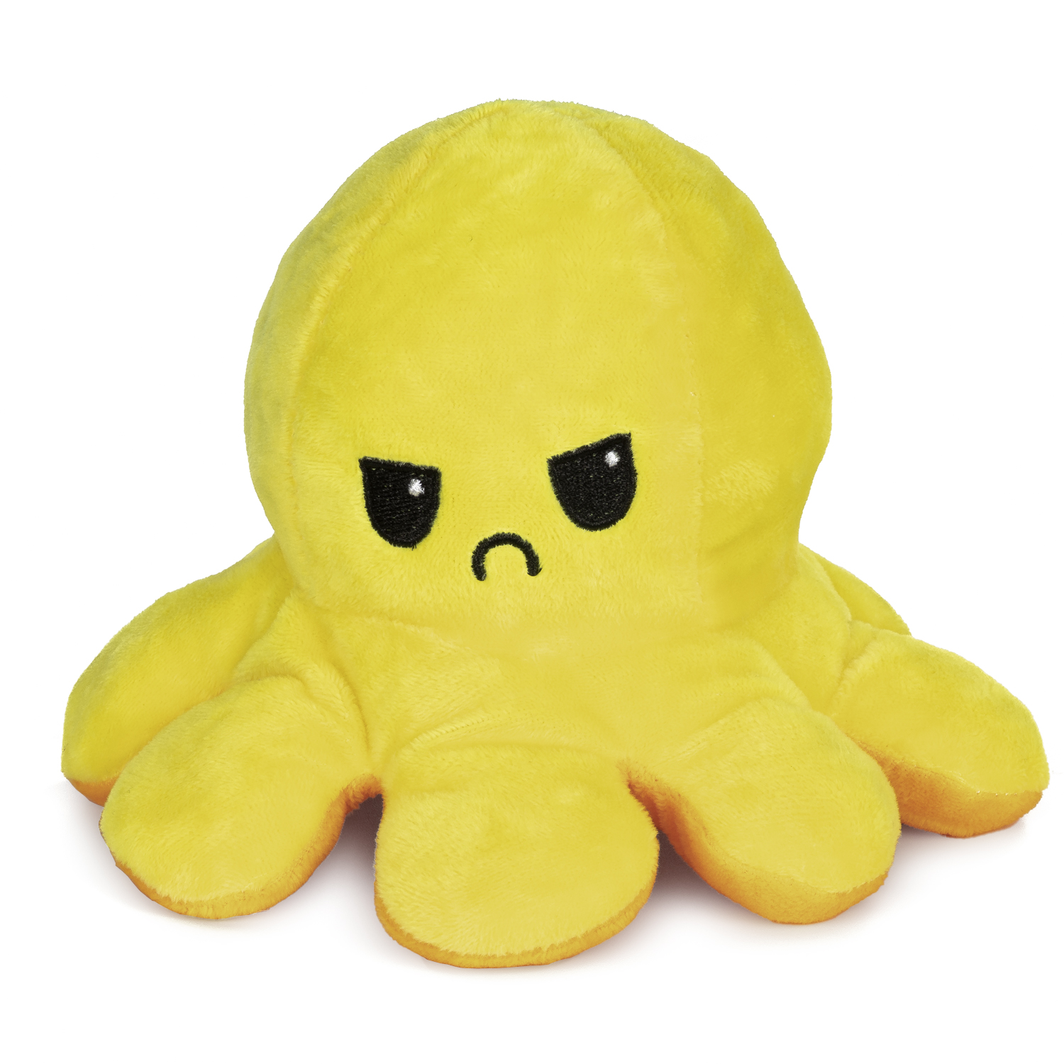 Un peluche de pulpo amarillo con cara de enfado.