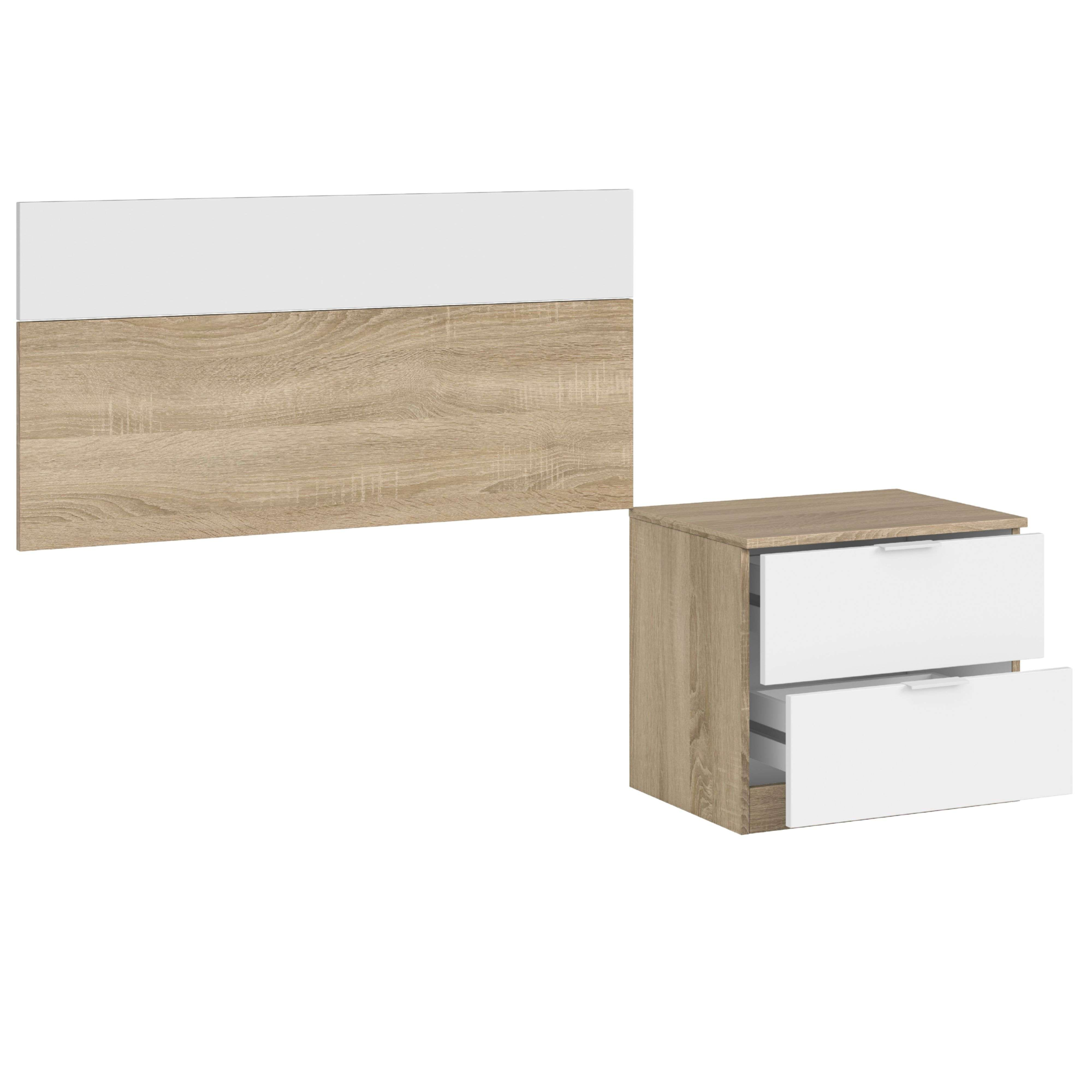 Una mesita de noche blanca y de color madera con dos cajones.