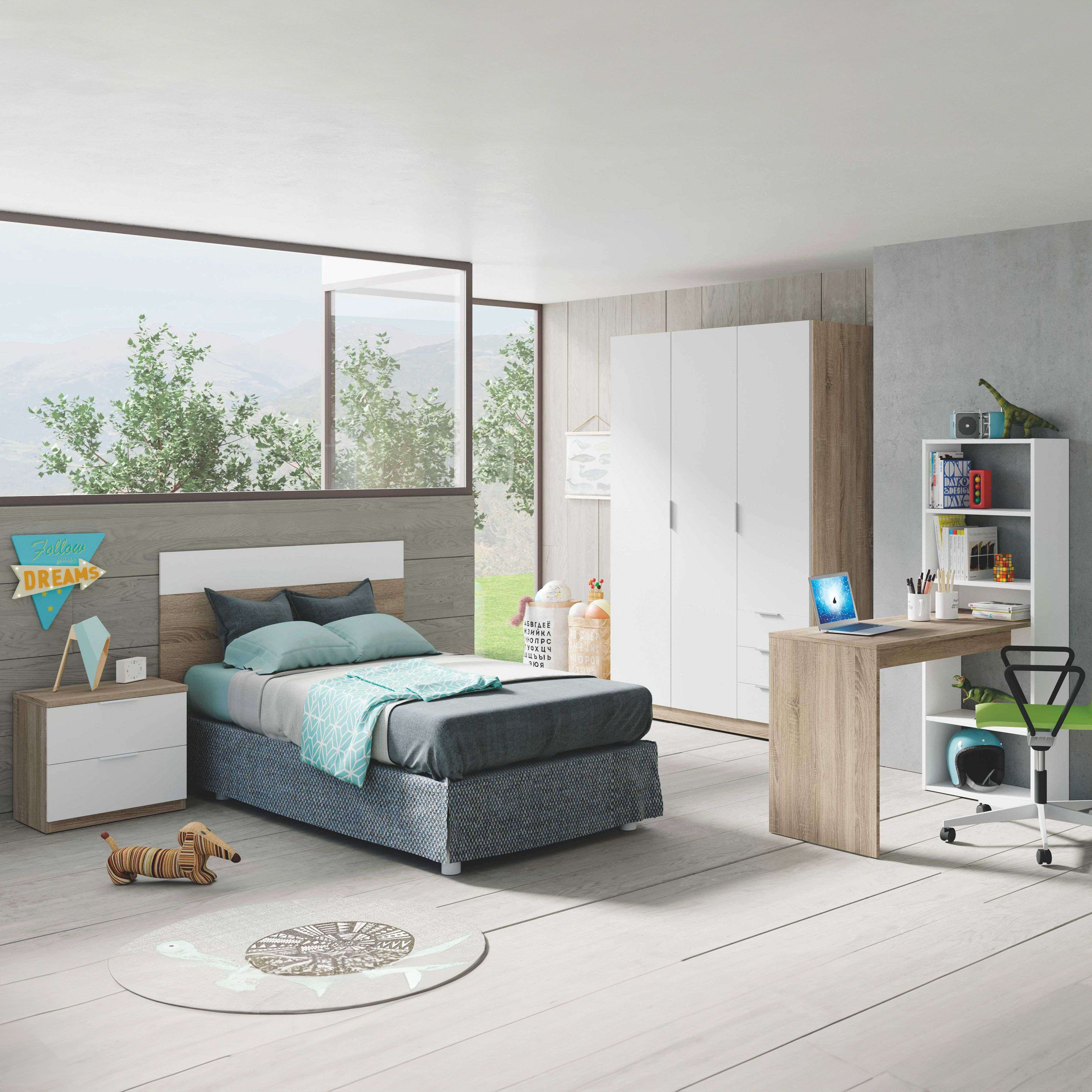 Un dormitorio infantil moderno con cama, escritorio, armario y vista ventana.