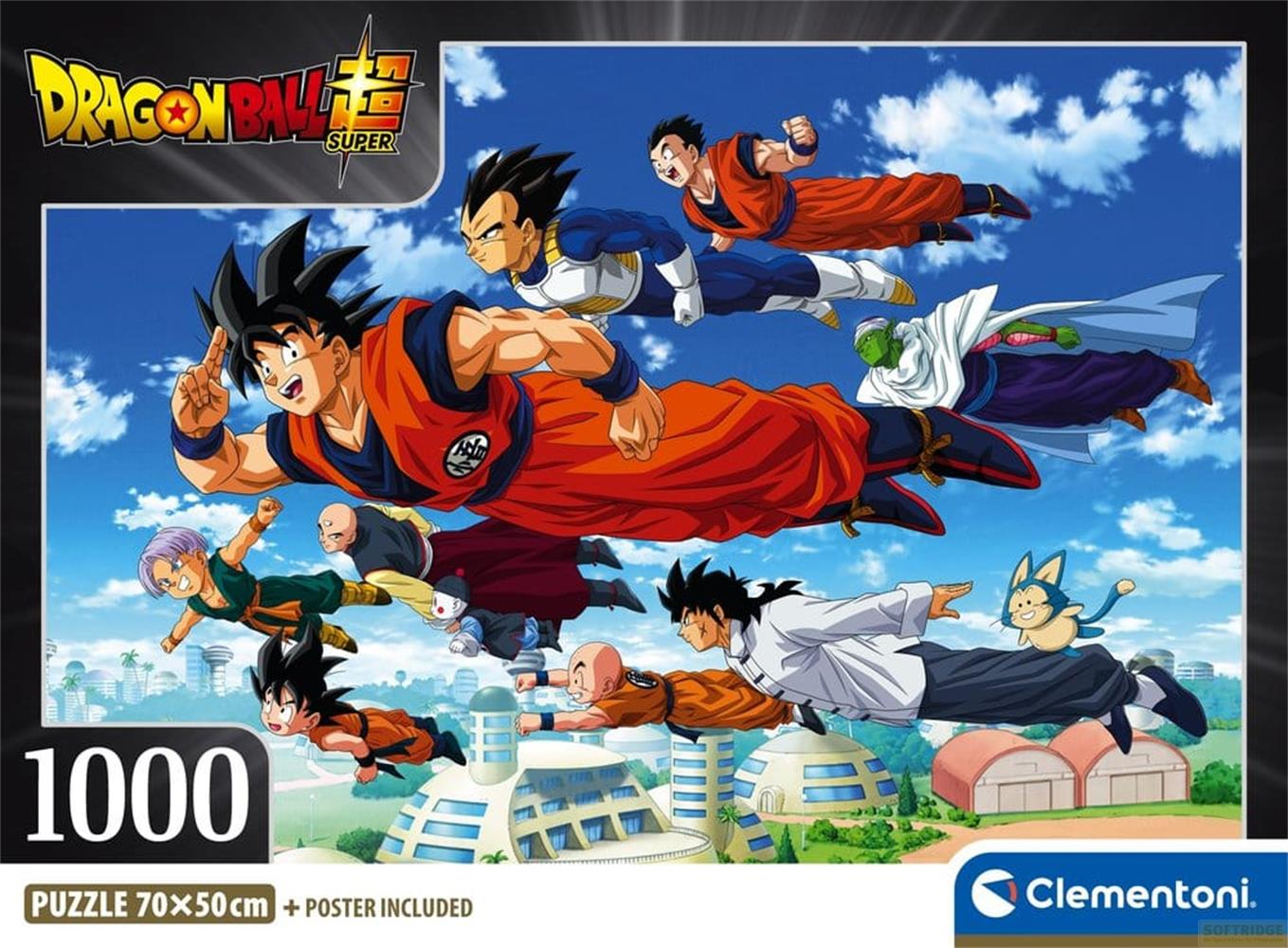 Dragon Ball Charaktere fliegen über futuristische Gebäude unter blauem Himmel.