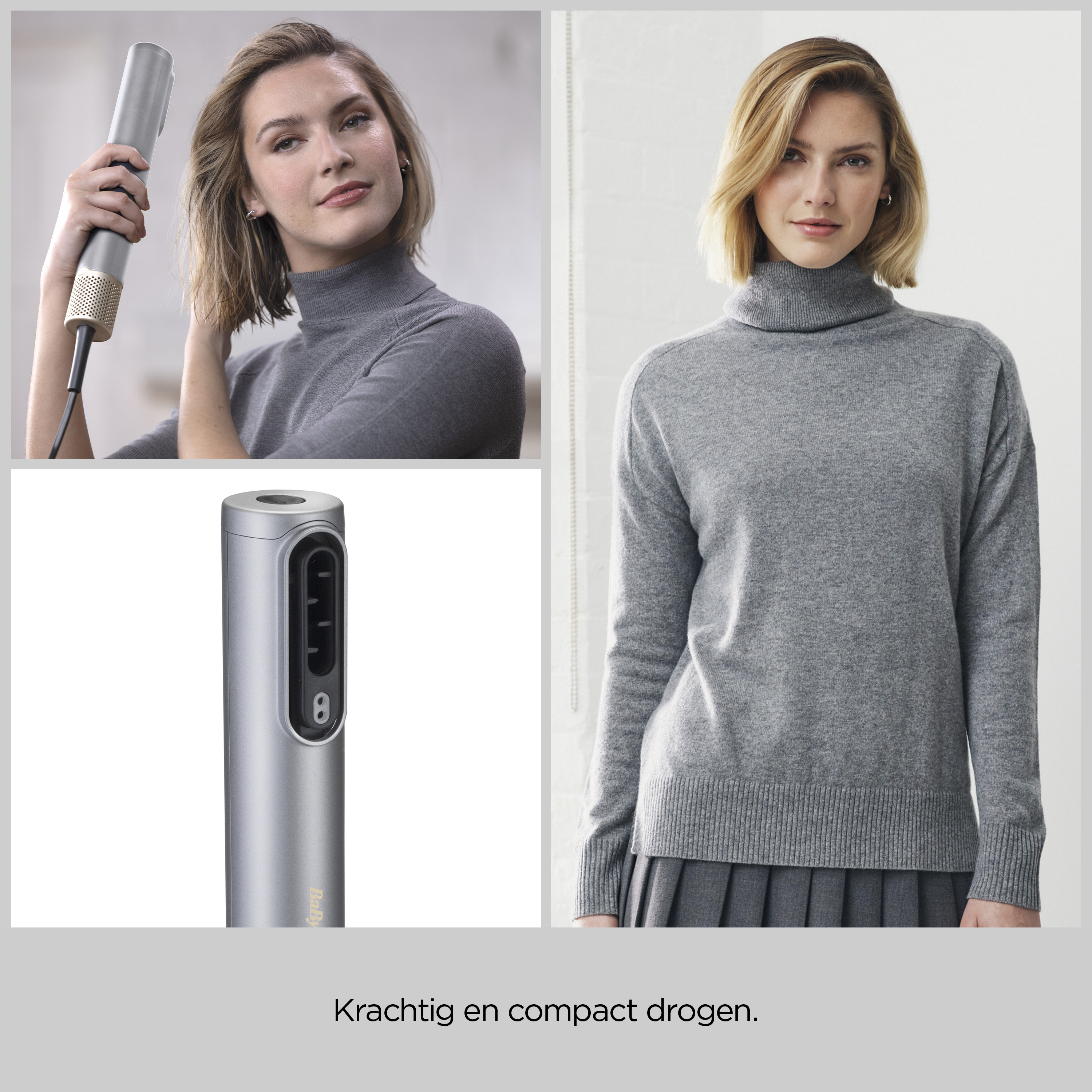 Kobieta z gładkimi włosami suszy je srebrną suszarką.