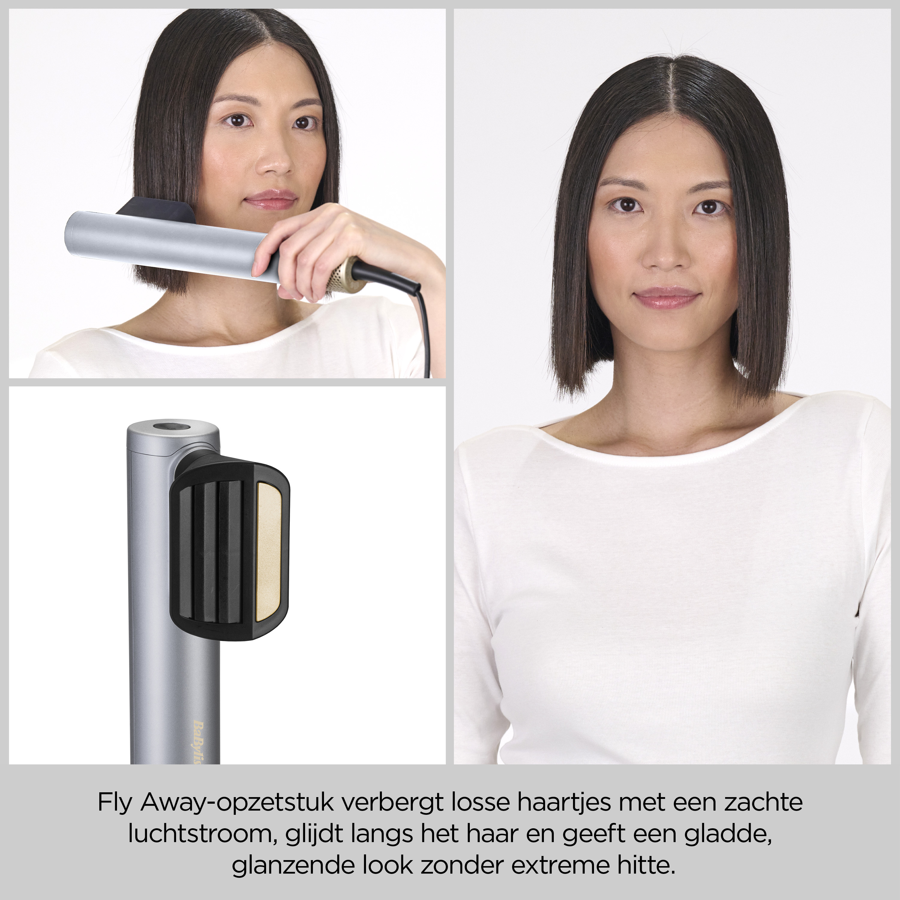 Kobieta z prostymi włosami używa srebrnego urządzenia.