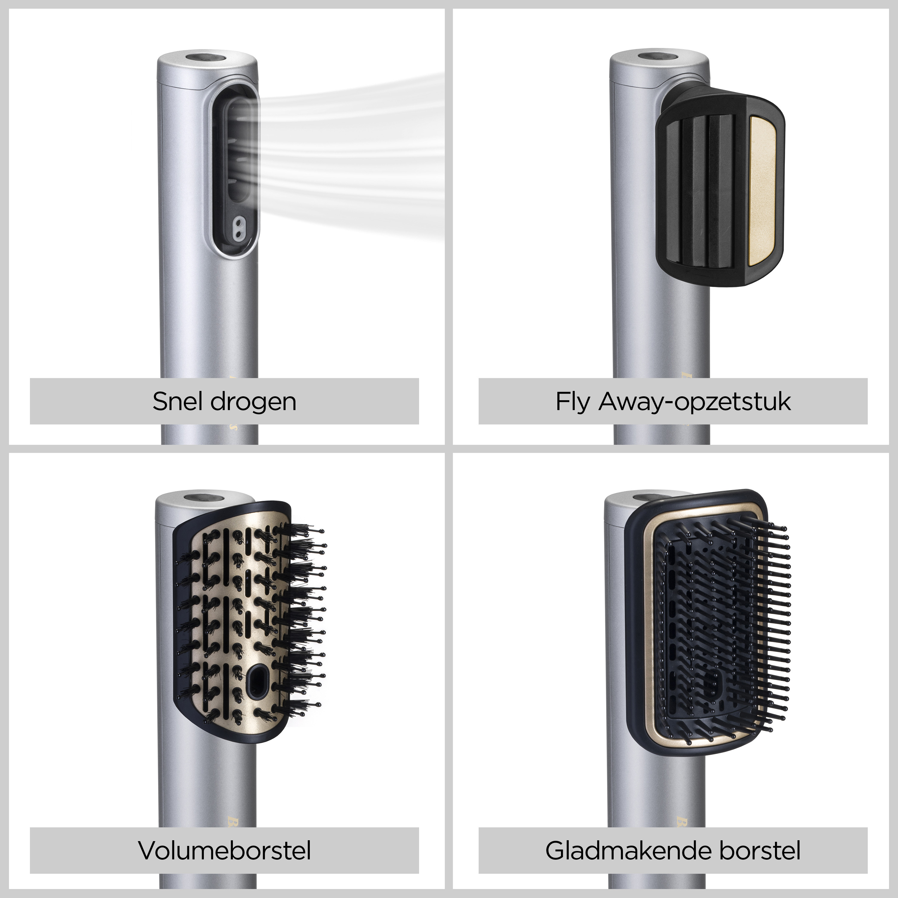Cztery nasadki do suszarki: suszenie, włosy puszące się, objętość i wygładzanie.